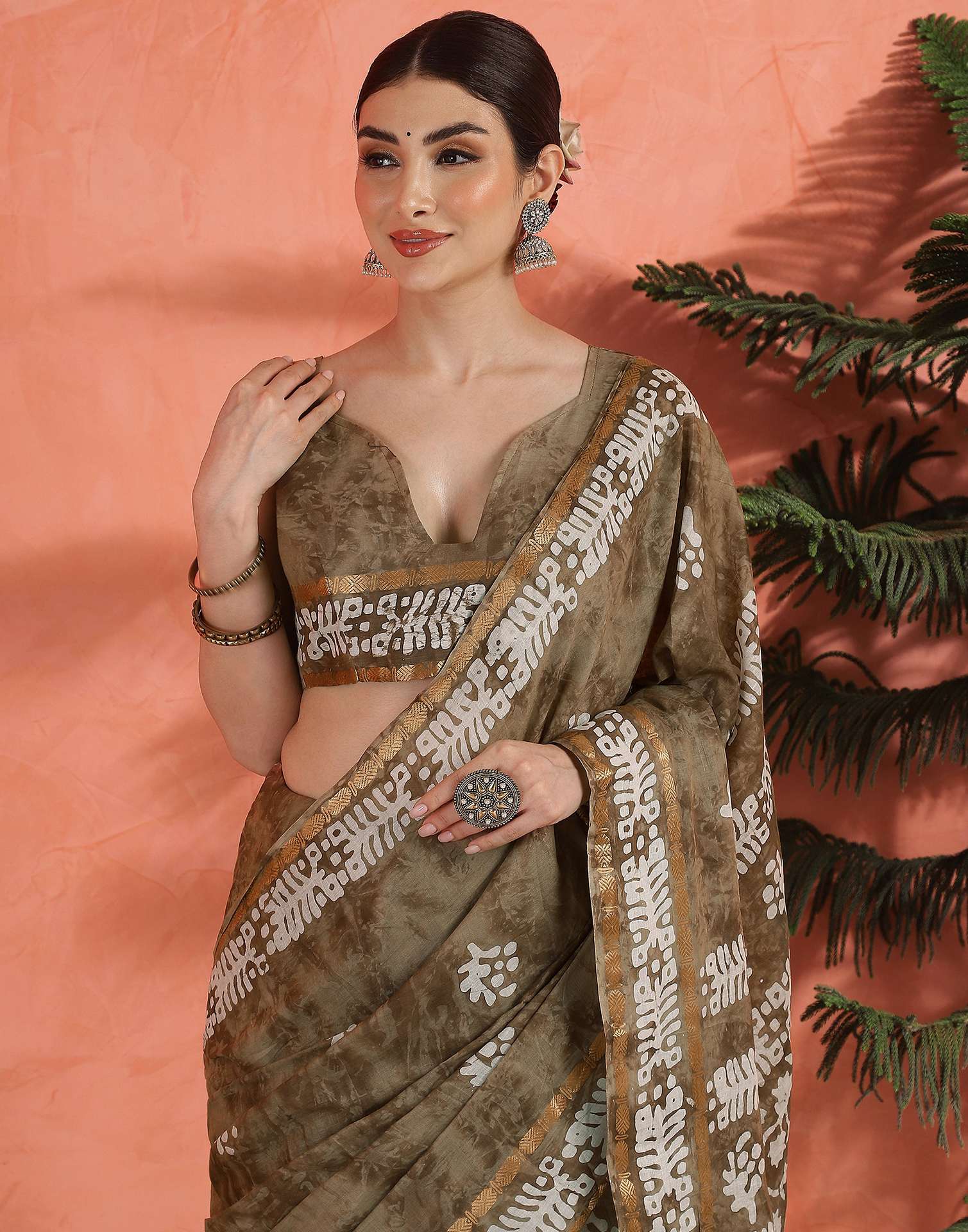 Brown Cotton Printed Saree