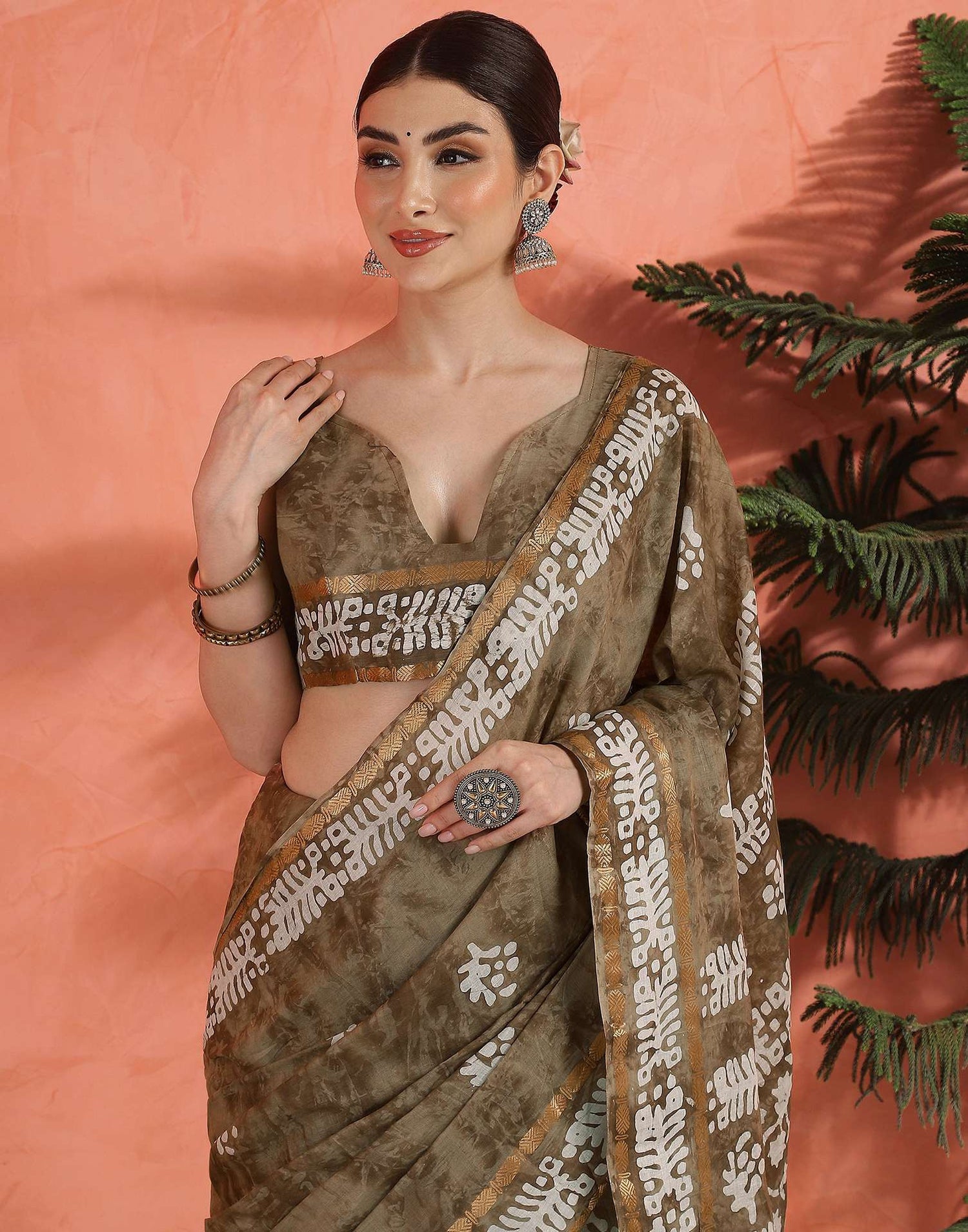 Brown Cotton Printed Saree