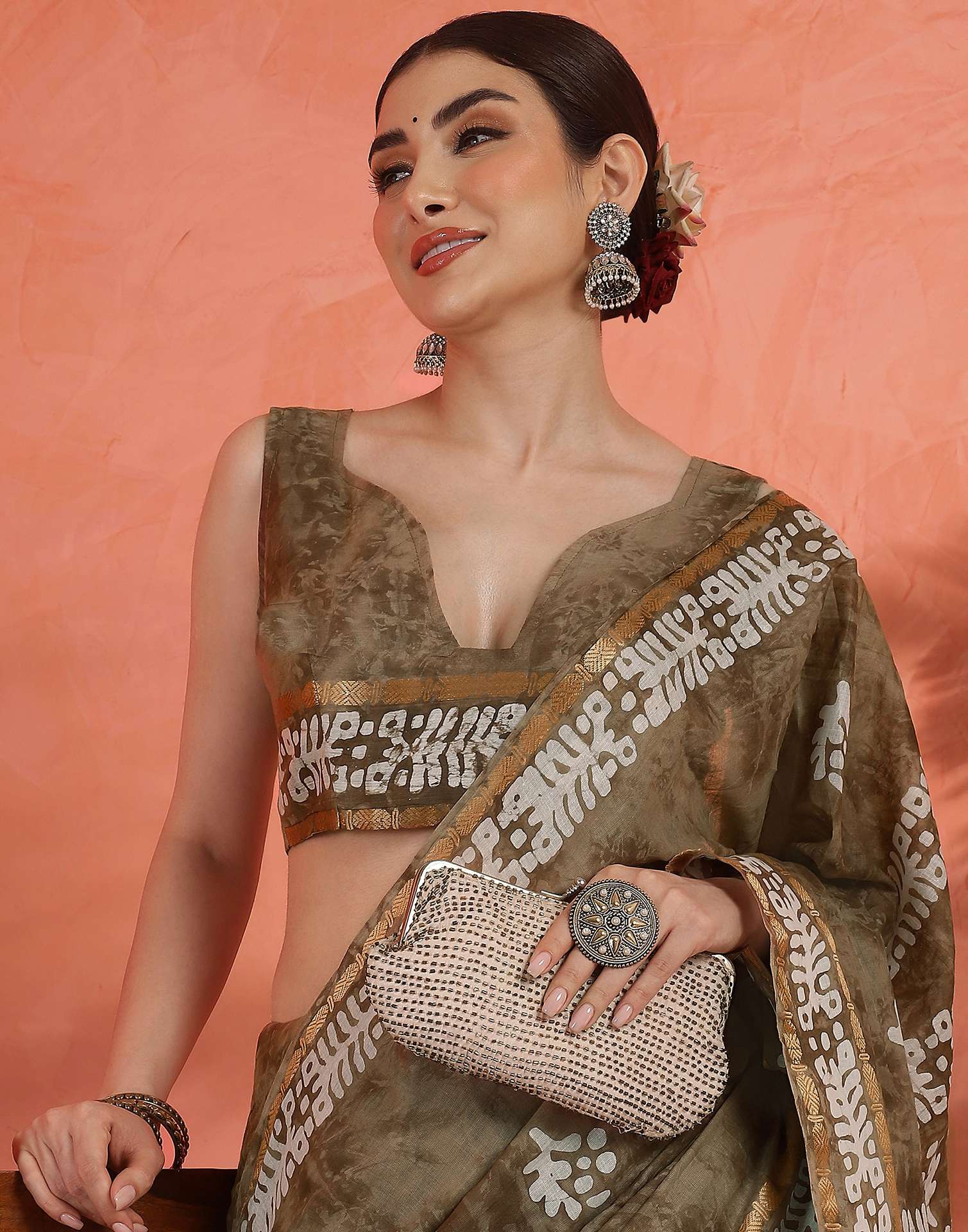 Brown Cotton Printed Saree