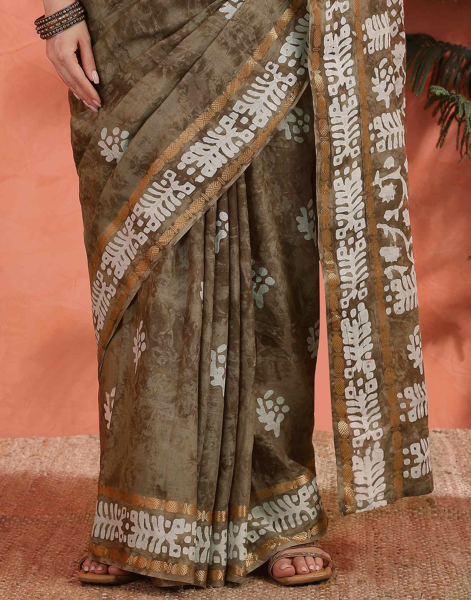 Brown Cotton Printed Saree