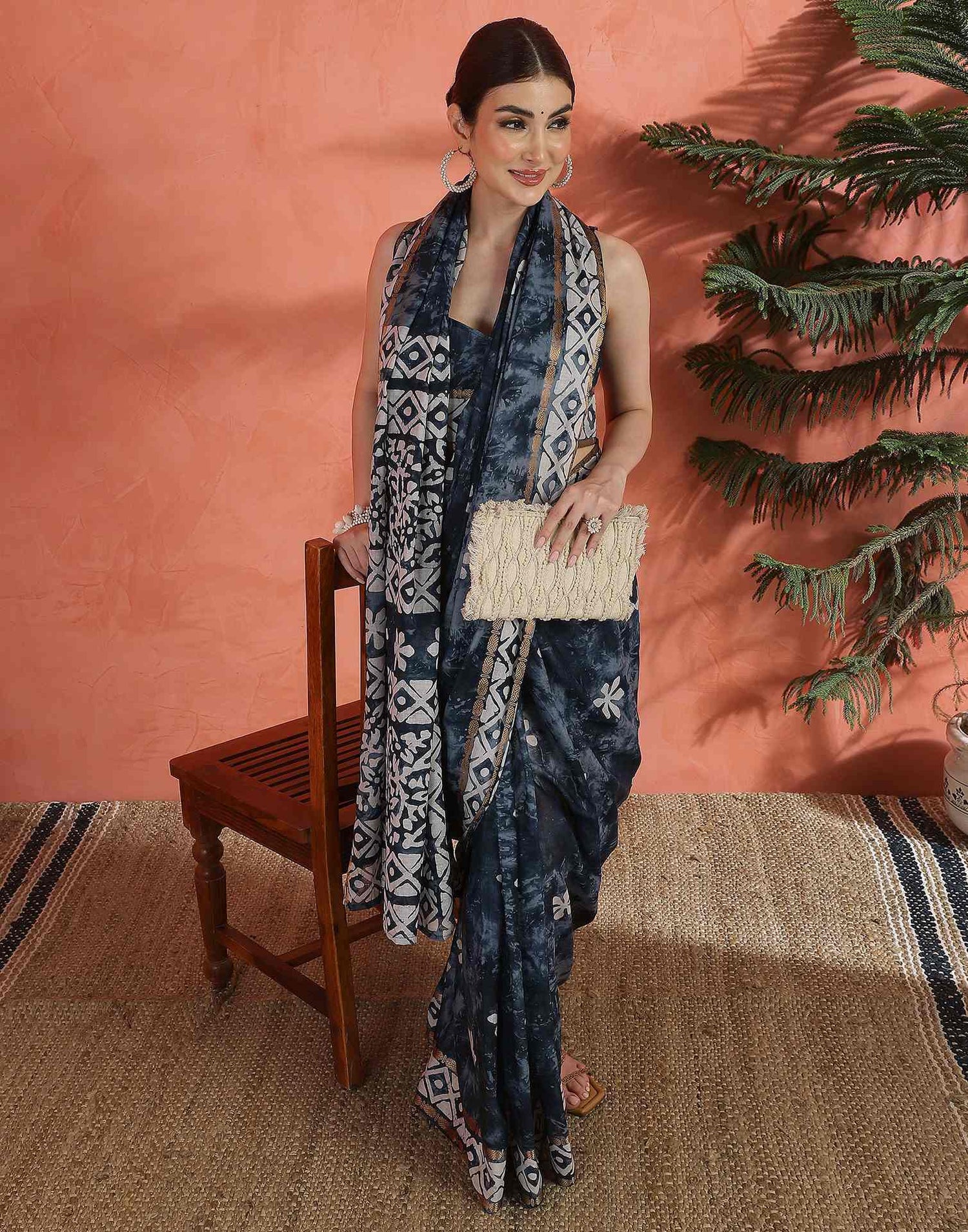 Navy Blue Cotton Printed Saree