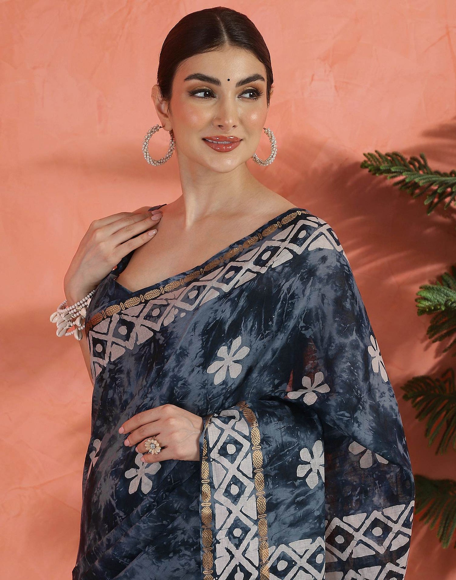 Navy Blue Cotton Printed Saree
