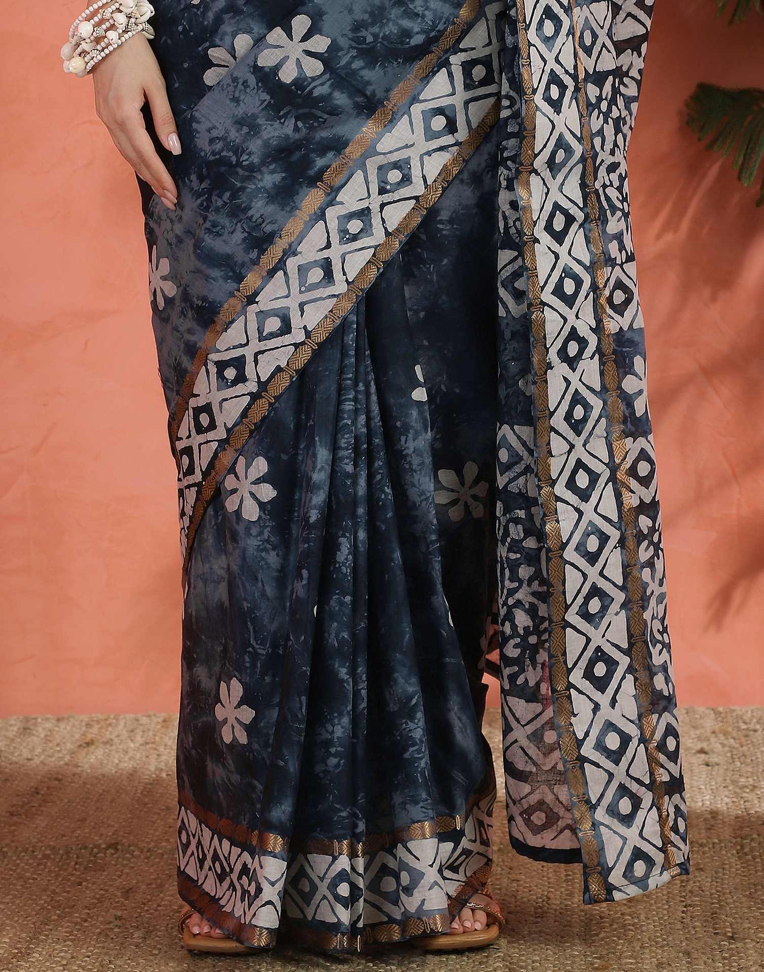 Navy Blue Cotton Printed Saree