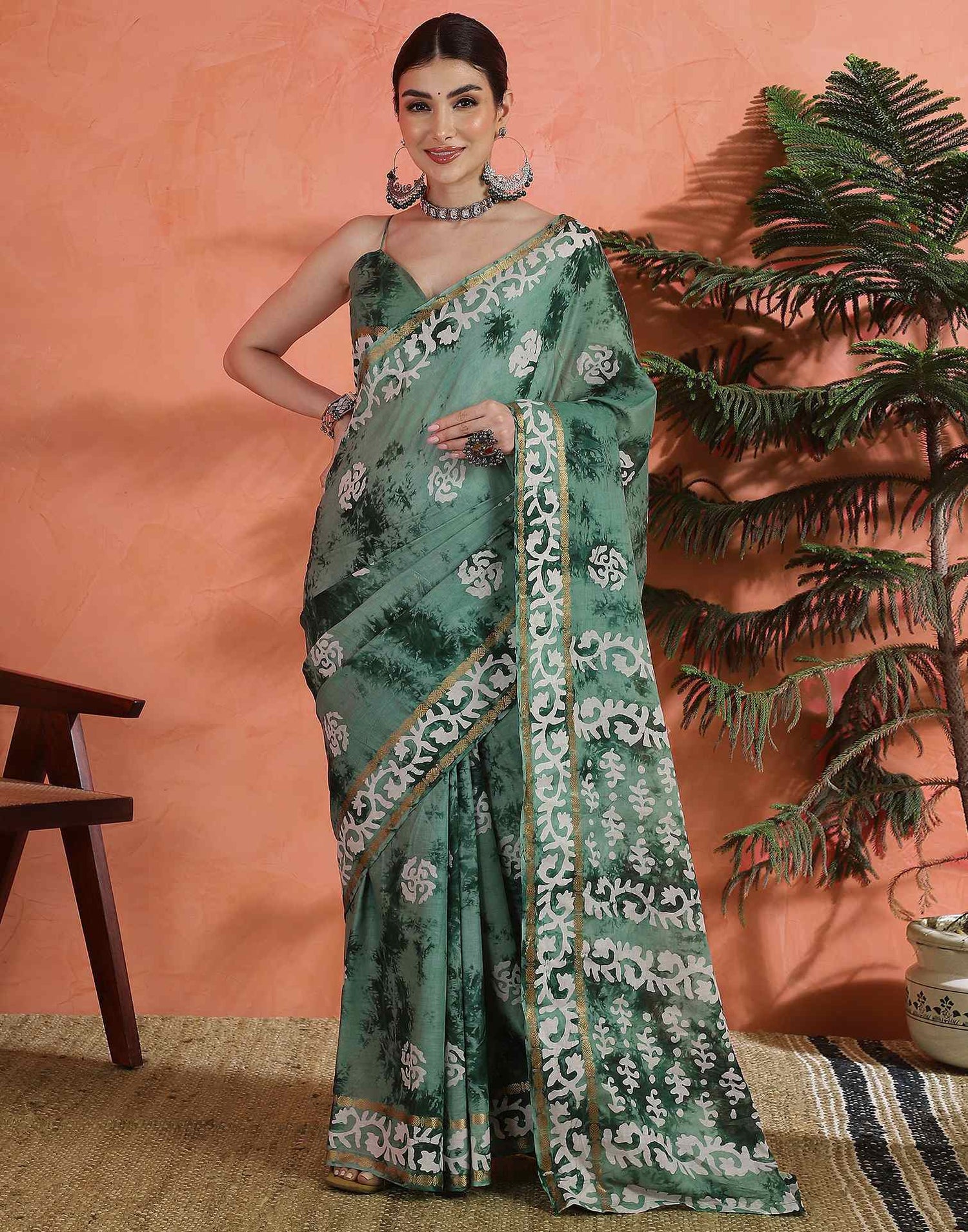 Sage Green Cotton Printed Saree