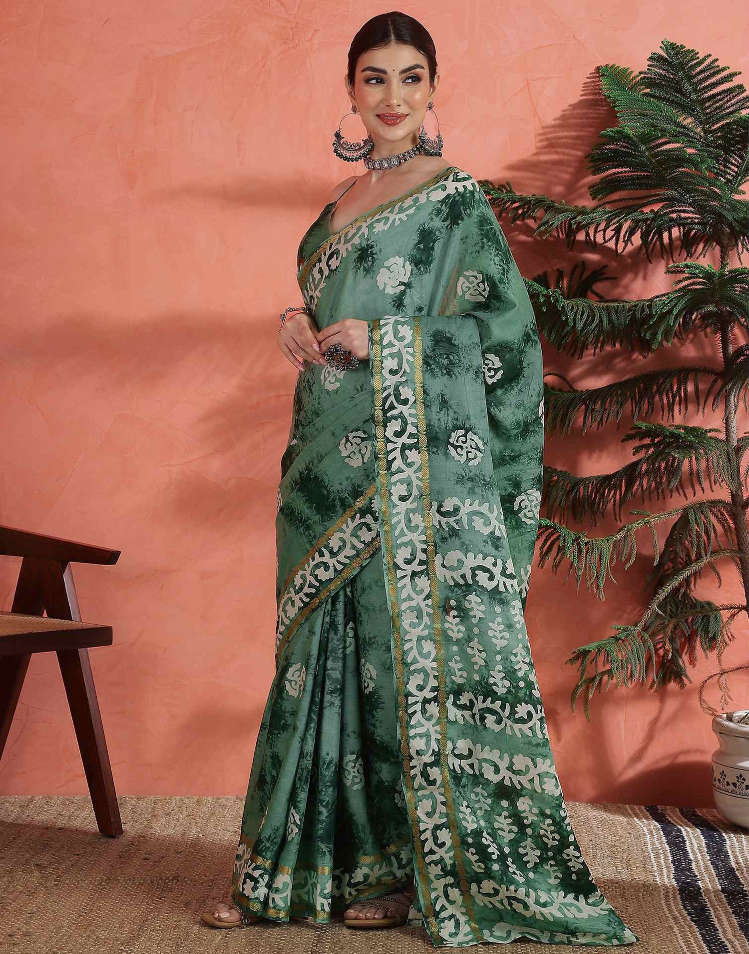 Sage Green Cotton Printed Saree