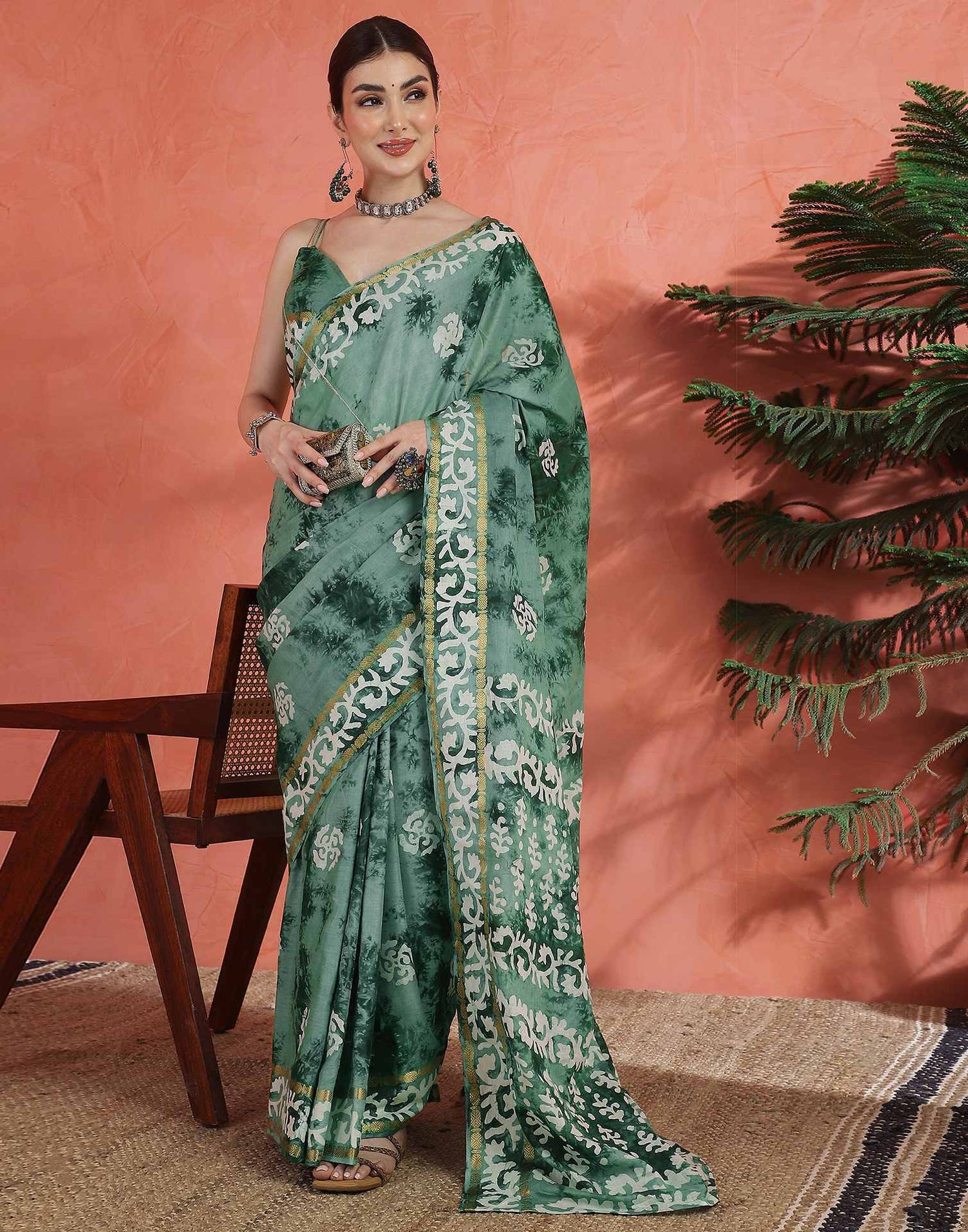 Sage Green Cotton Printed Saree