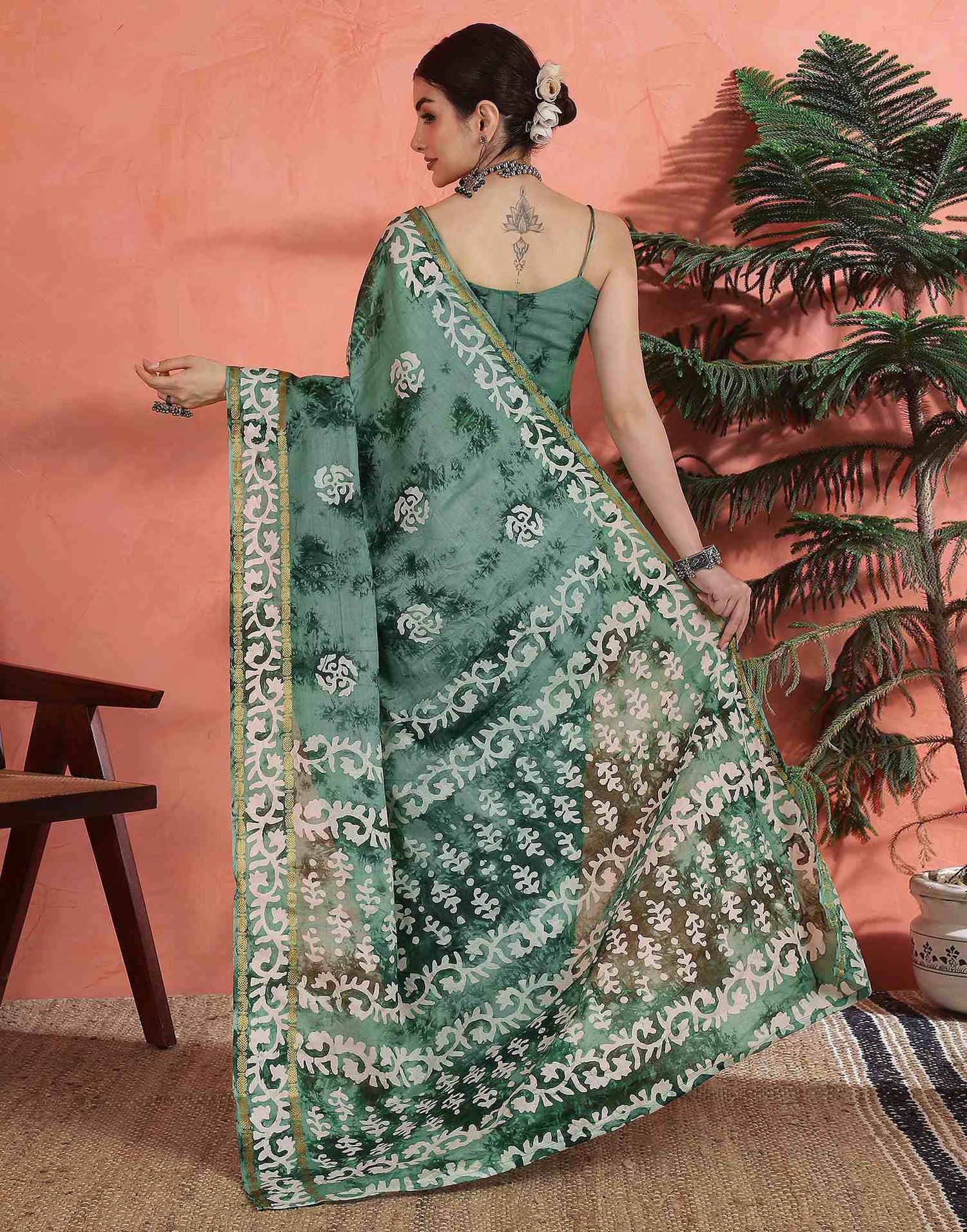 Sage Green Cotton Printed Saree