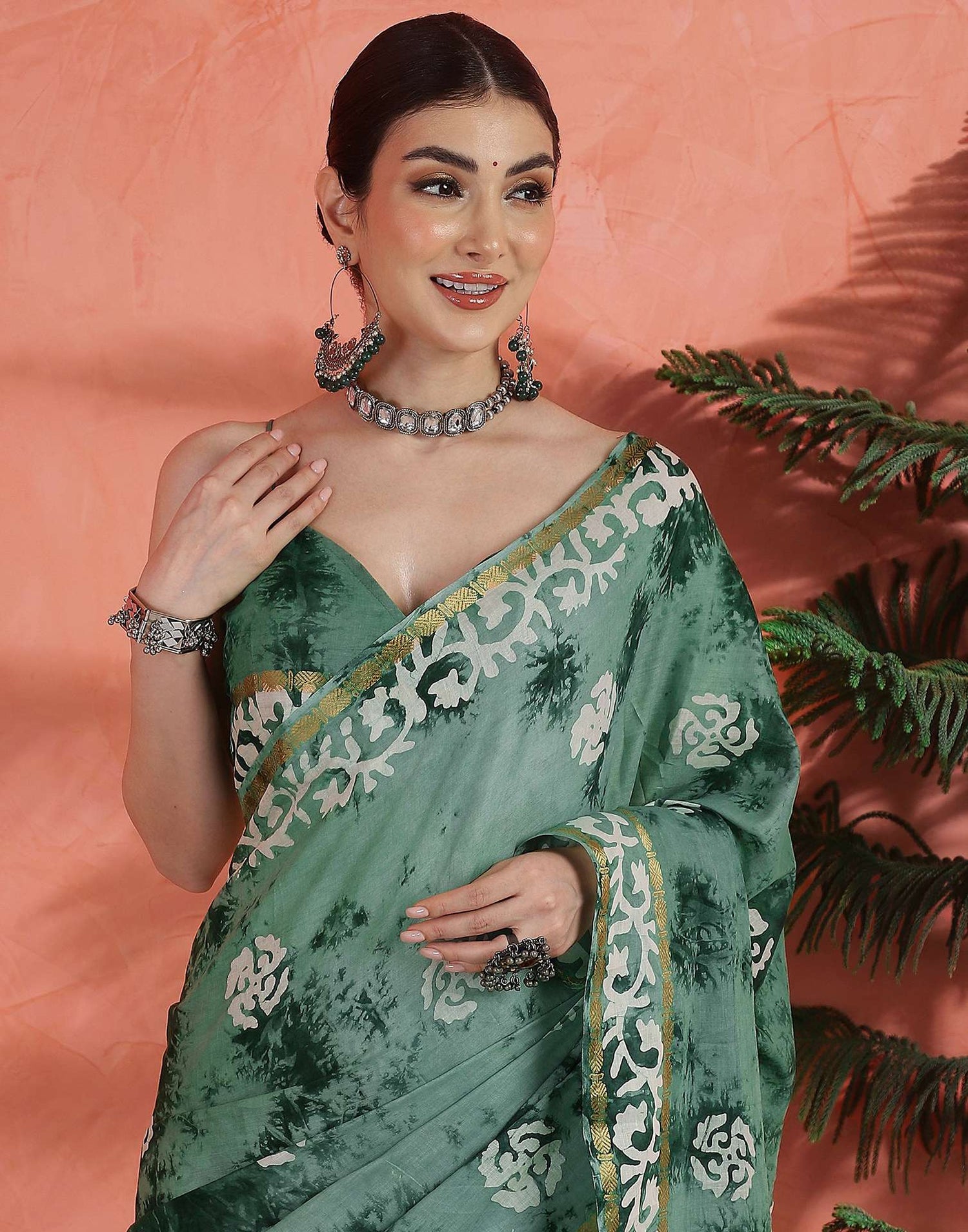 Sage Green Cotton Printed Saree