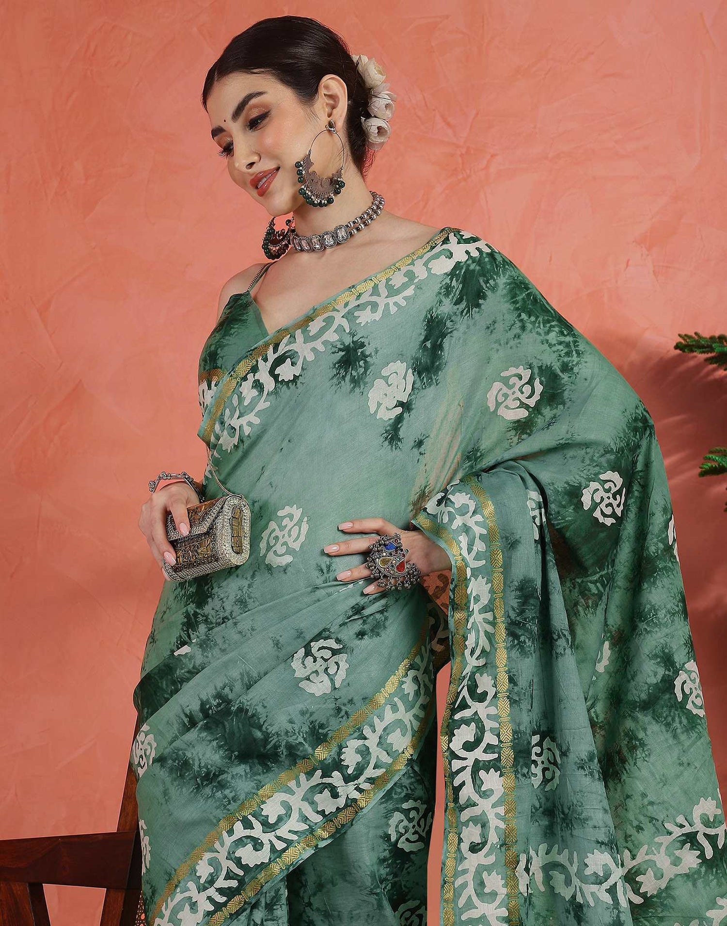 Sage Green Cotton Printed Saree
