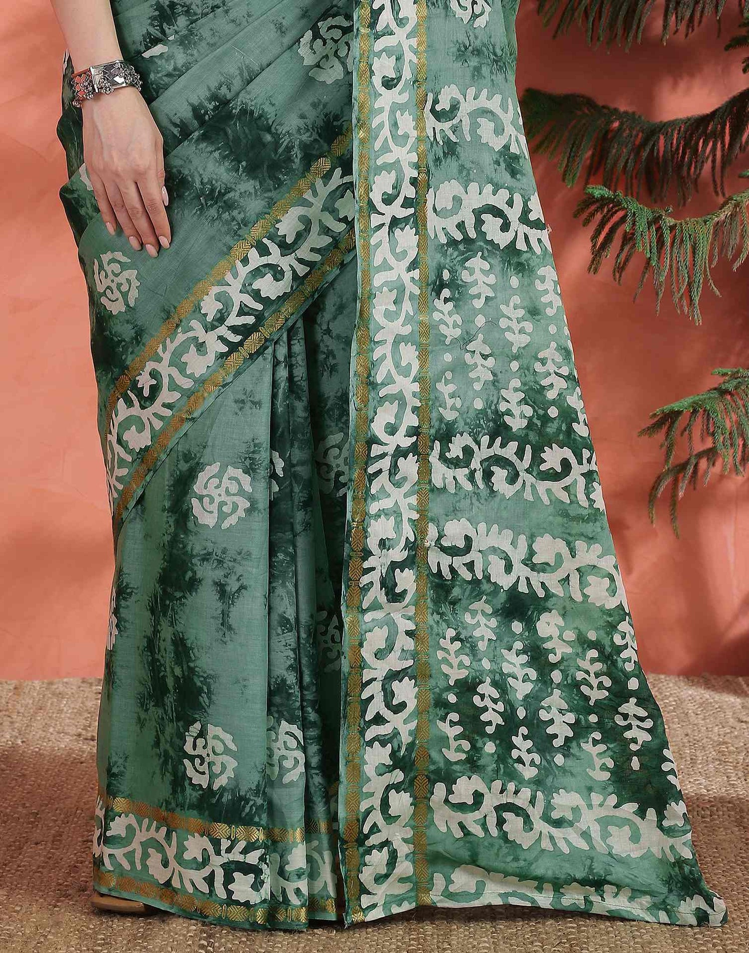 Sage Green Cotton Printed Saree