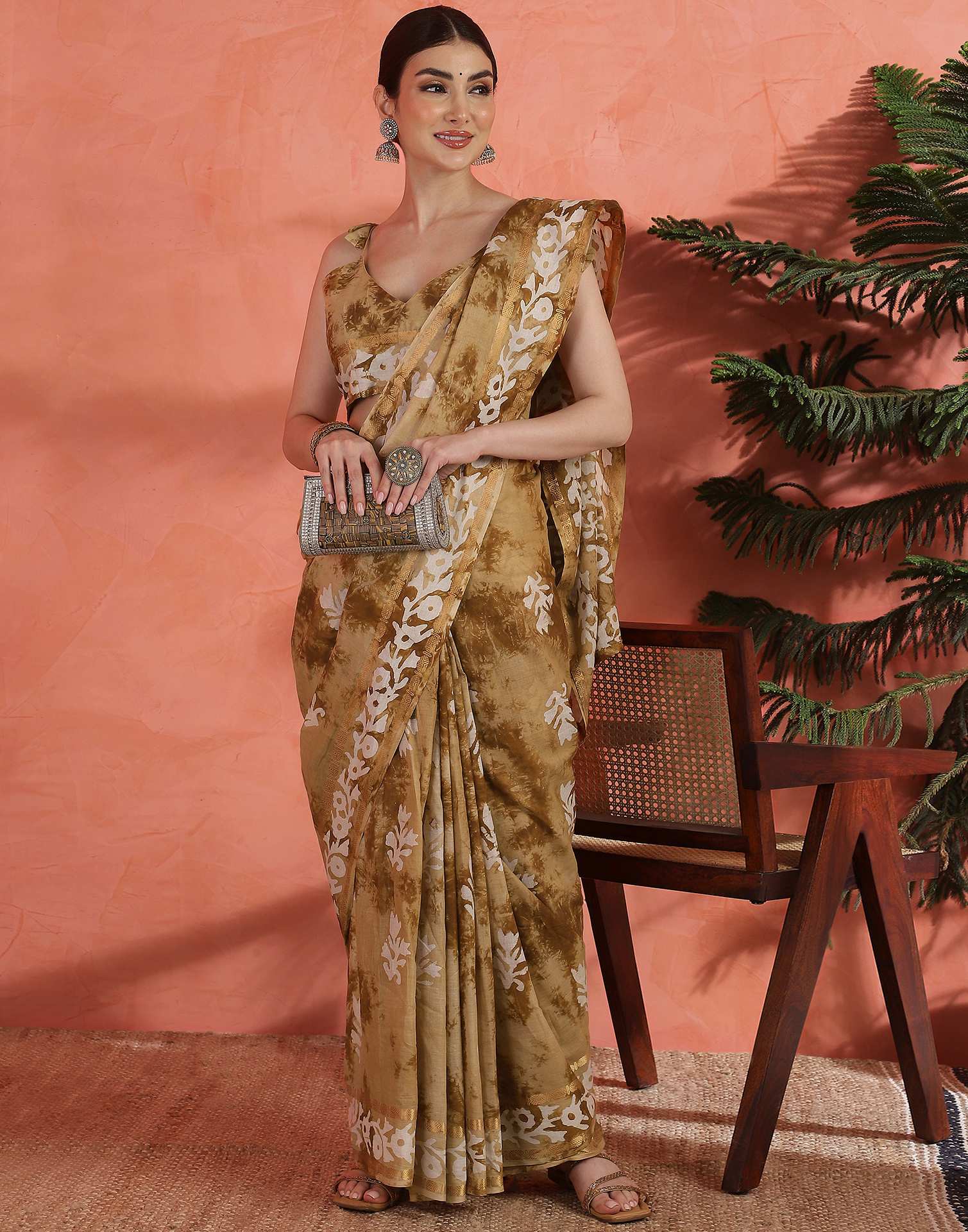 Brown Cotton Printed Saree