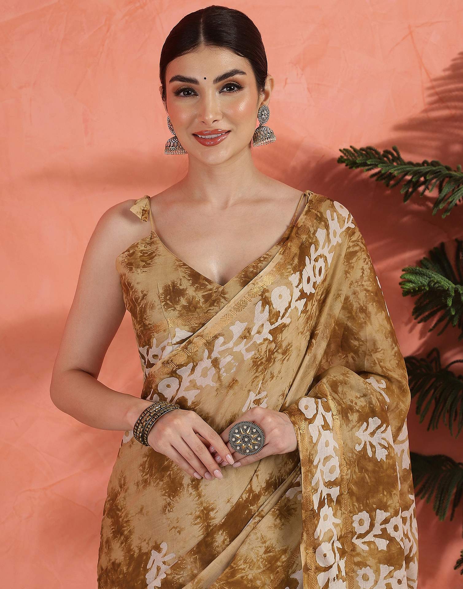 Brown Cotton Printed Saree