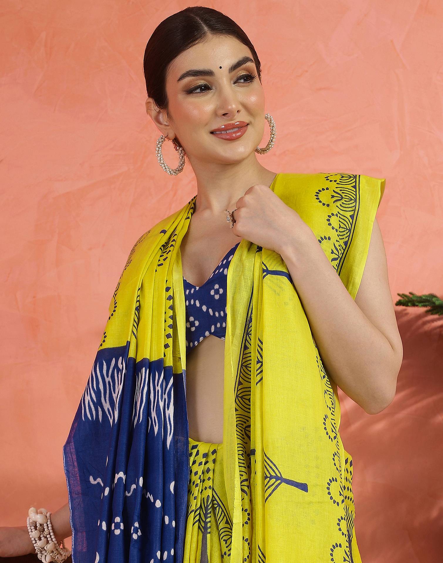 Bright Yellow Cotton Printed Saree