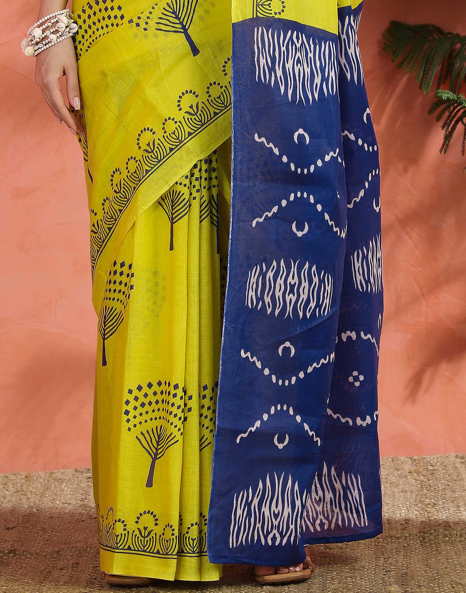 Bright Yellow Cotton Printed Saree