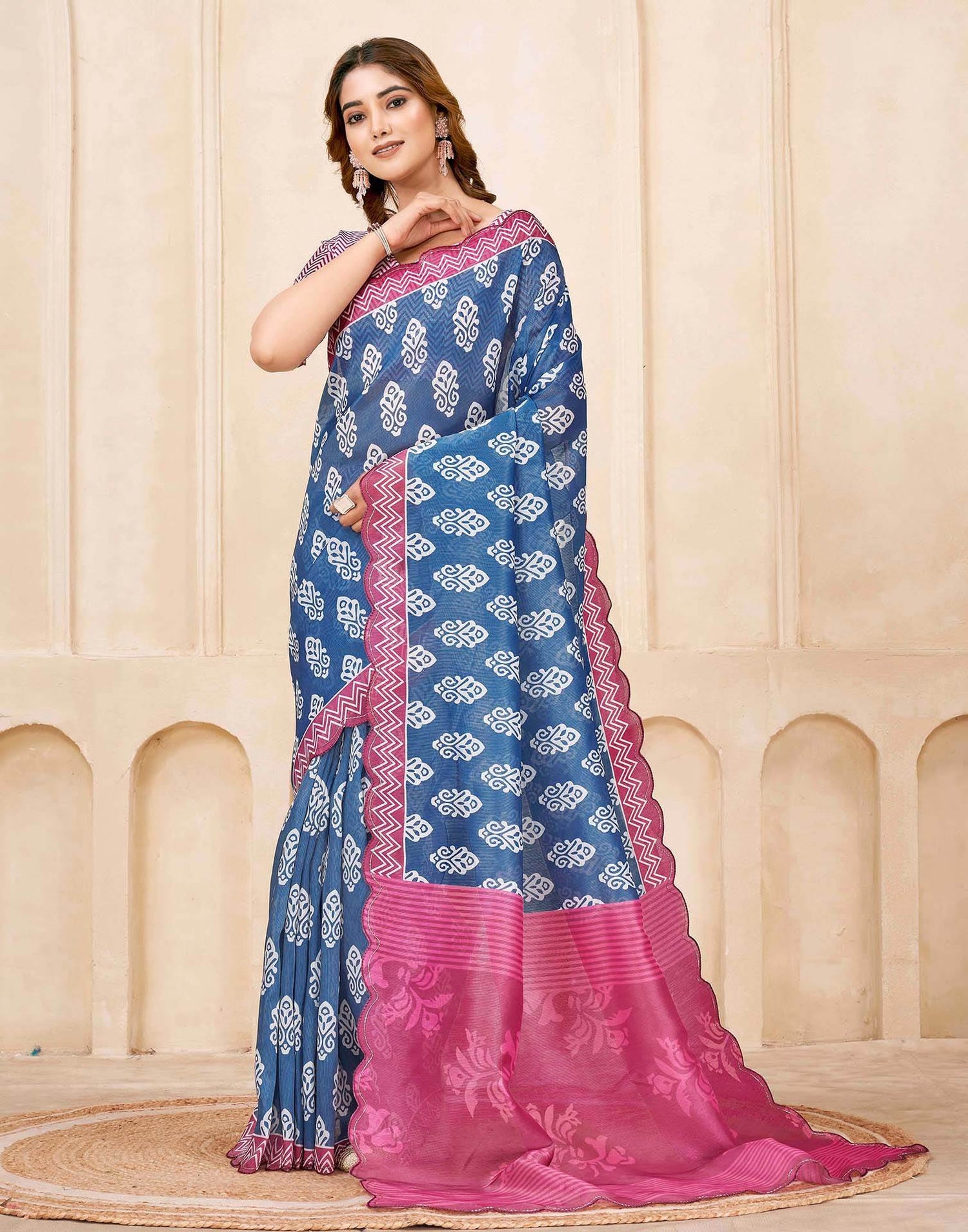 Dark Blue Chanderi Printed Saree