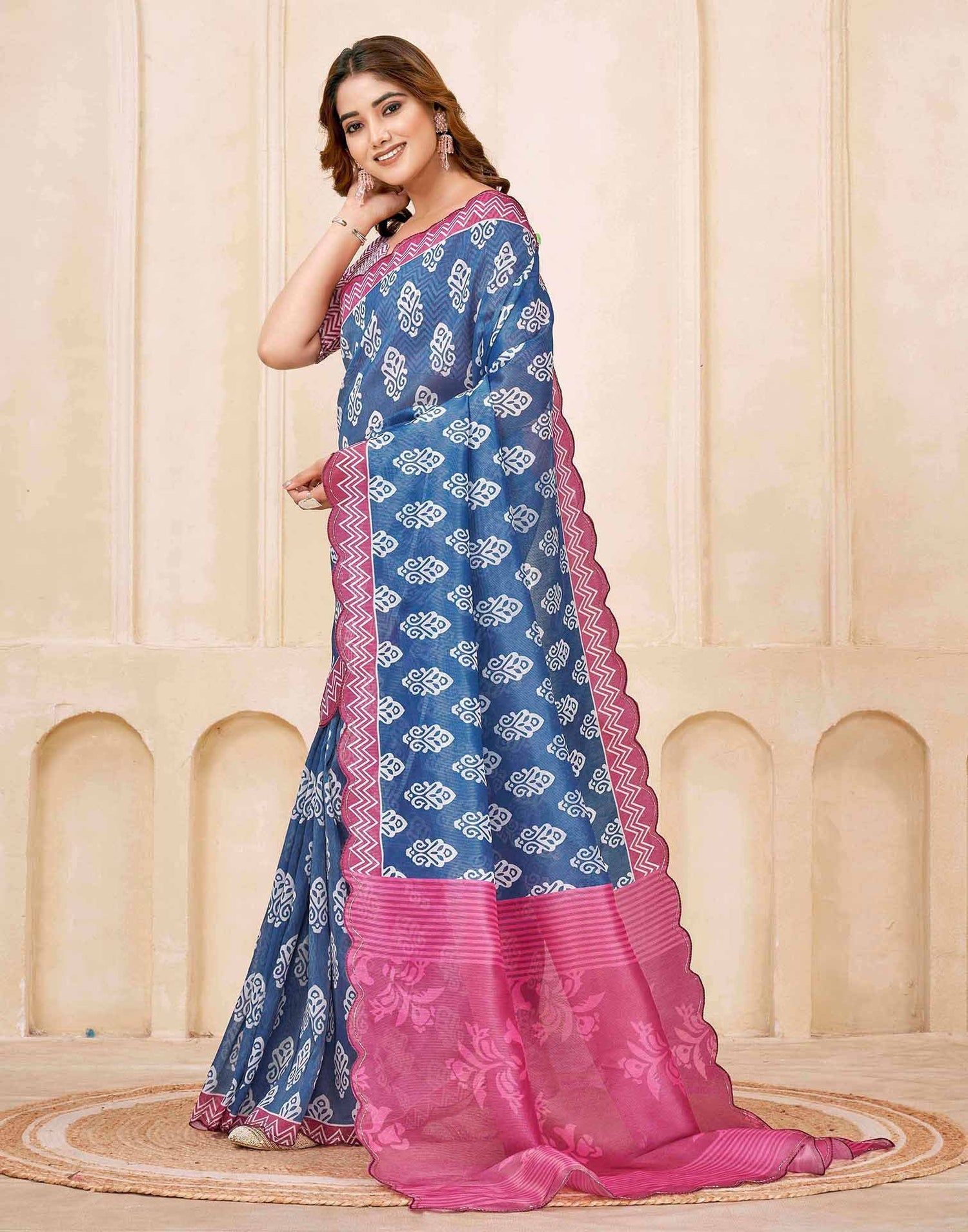 Dark Blue Chanderi Printed Saree