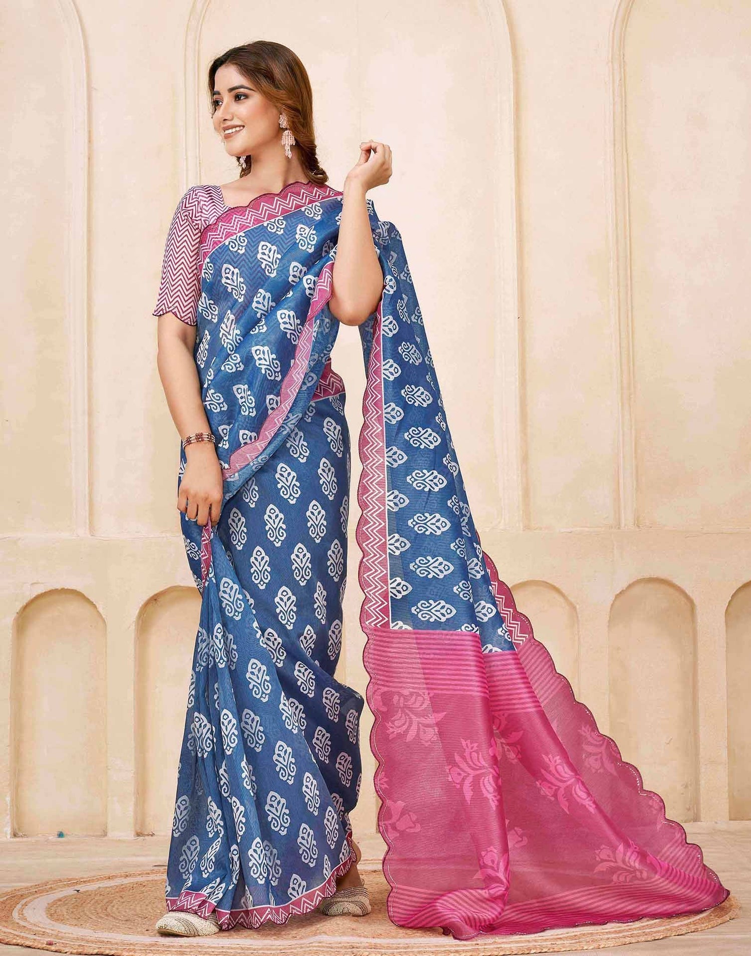 Dark Blue Chanderi Printed Saree