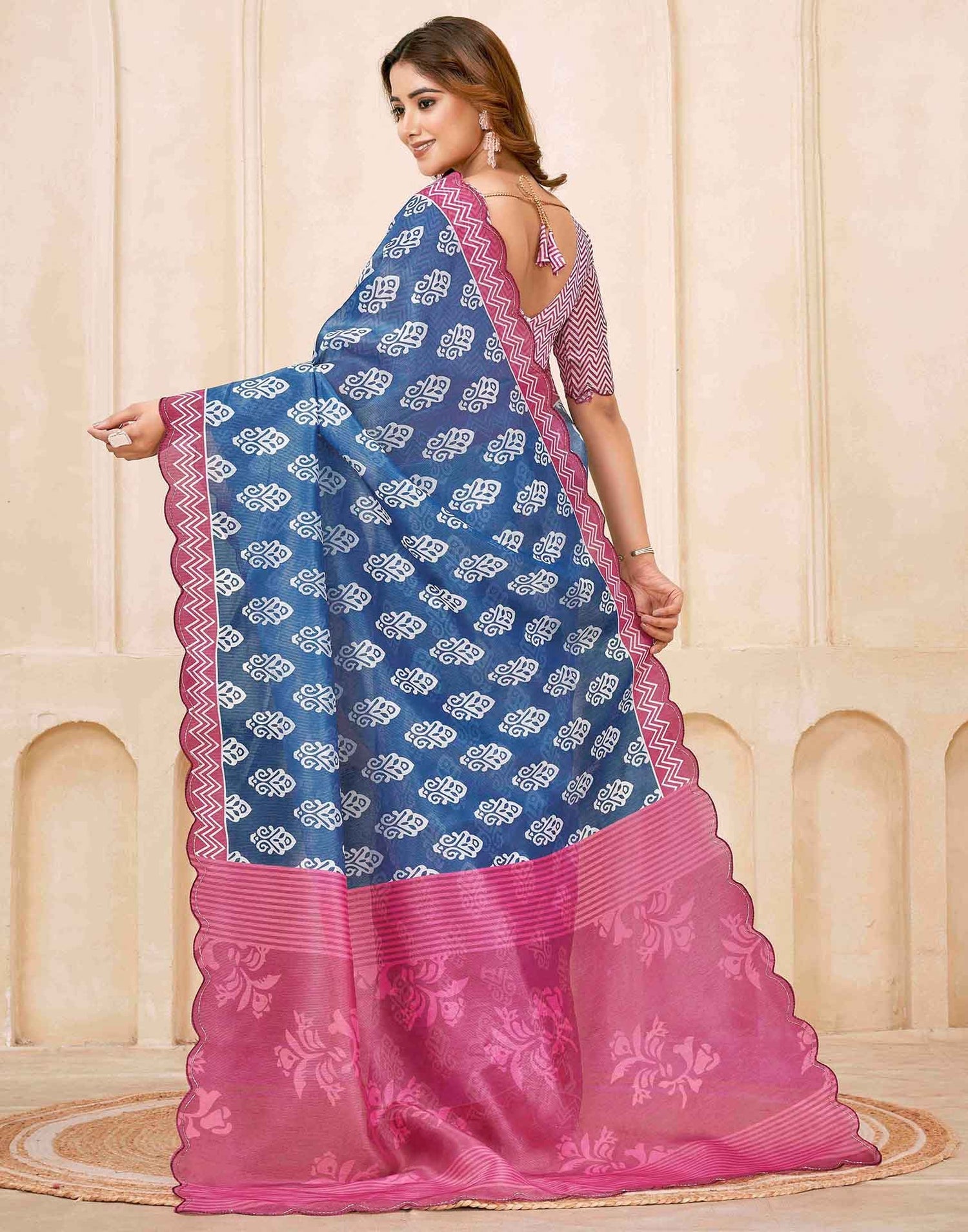 Dark Blue Chanderi Printed Saree