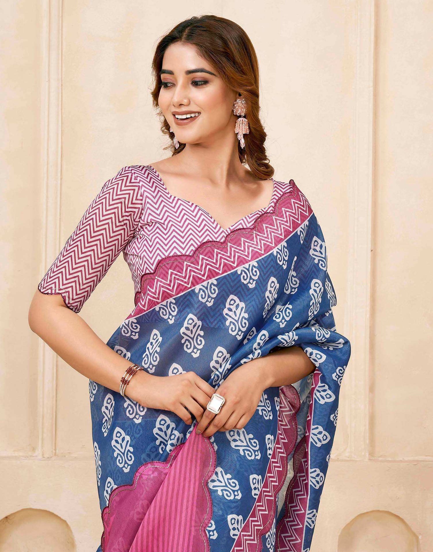 Dark Blue Chanderi Printed Saree