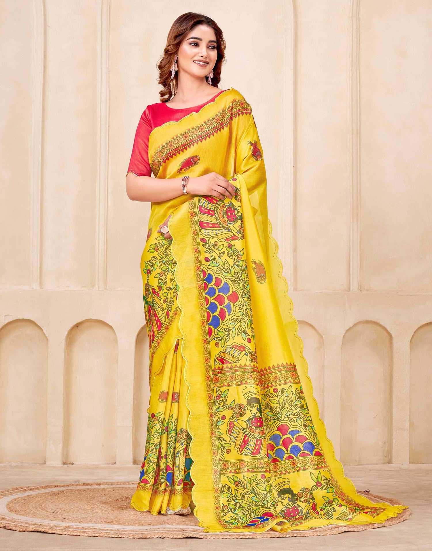 Yellow Chanderi Printed Kalamkari Saree