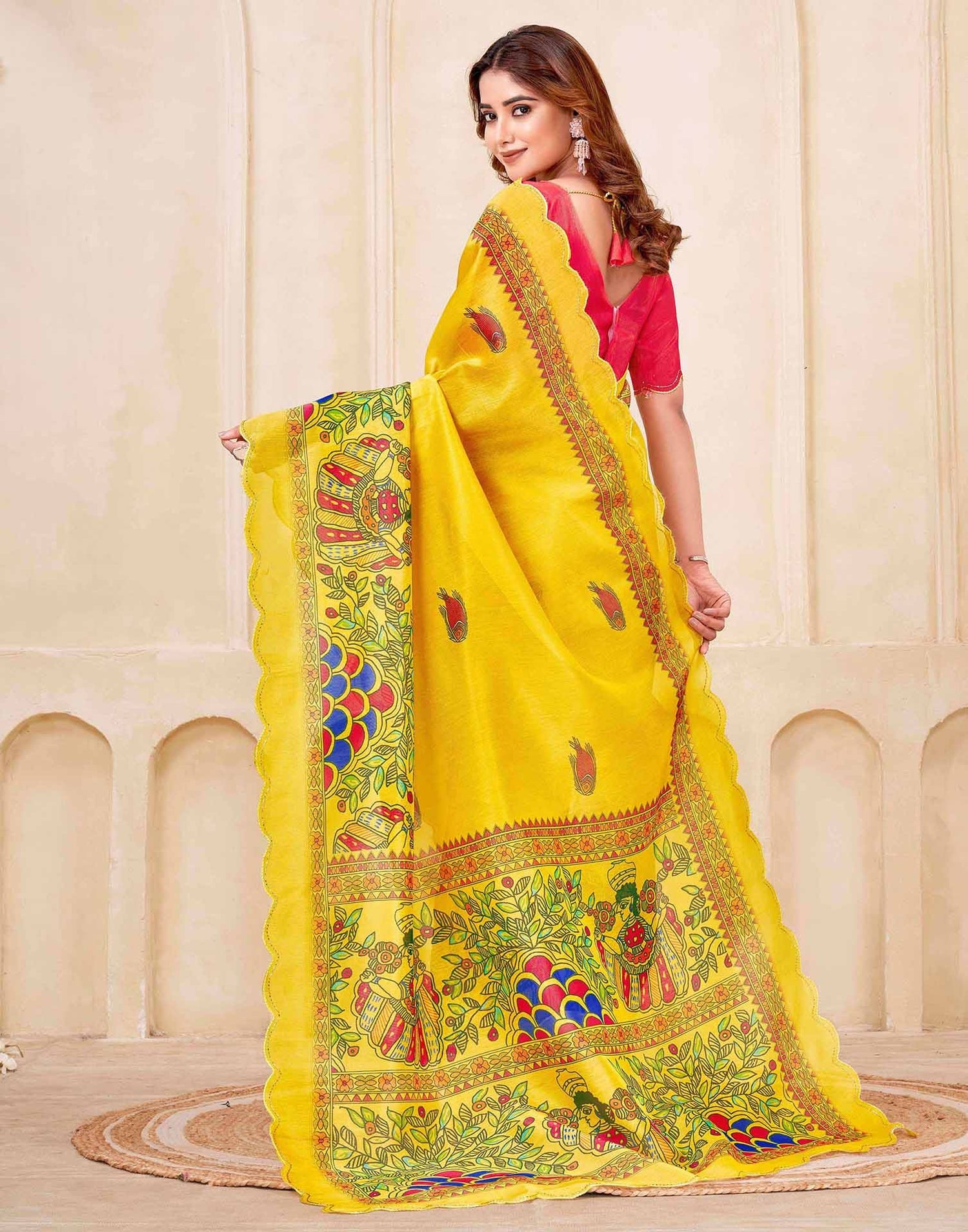 Yellow Chanderi Printed Kalamkari Saree