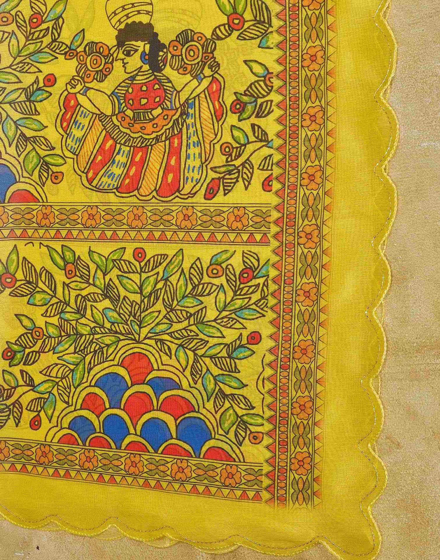 Yellow Chanderi Printed Kalamkari Saree