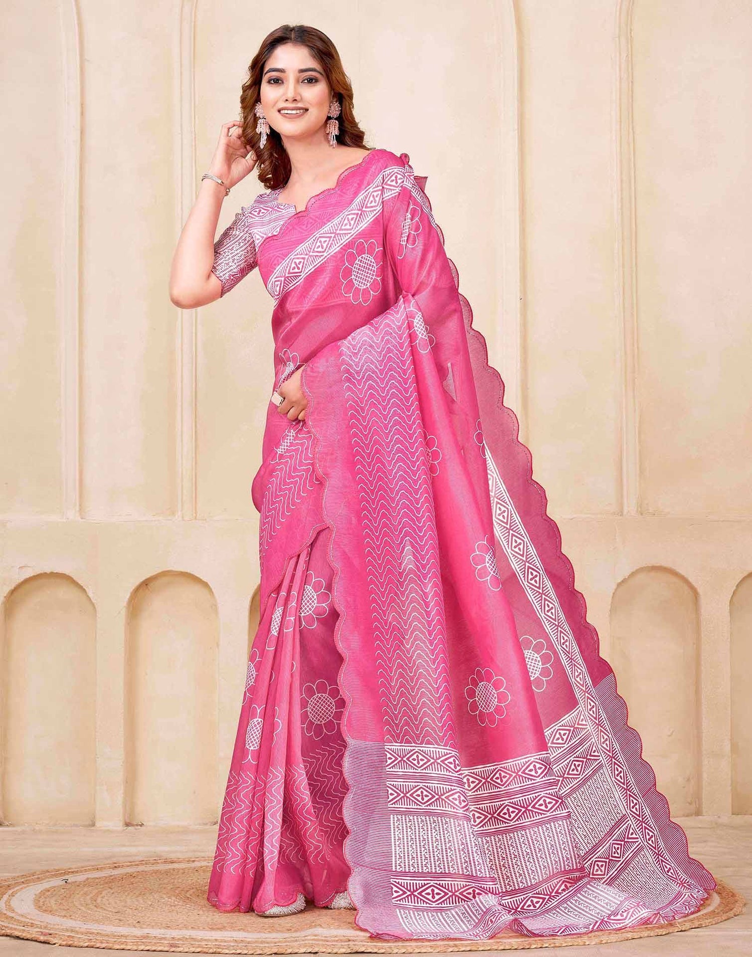 Bright Pink Chanderi Printed Saree
