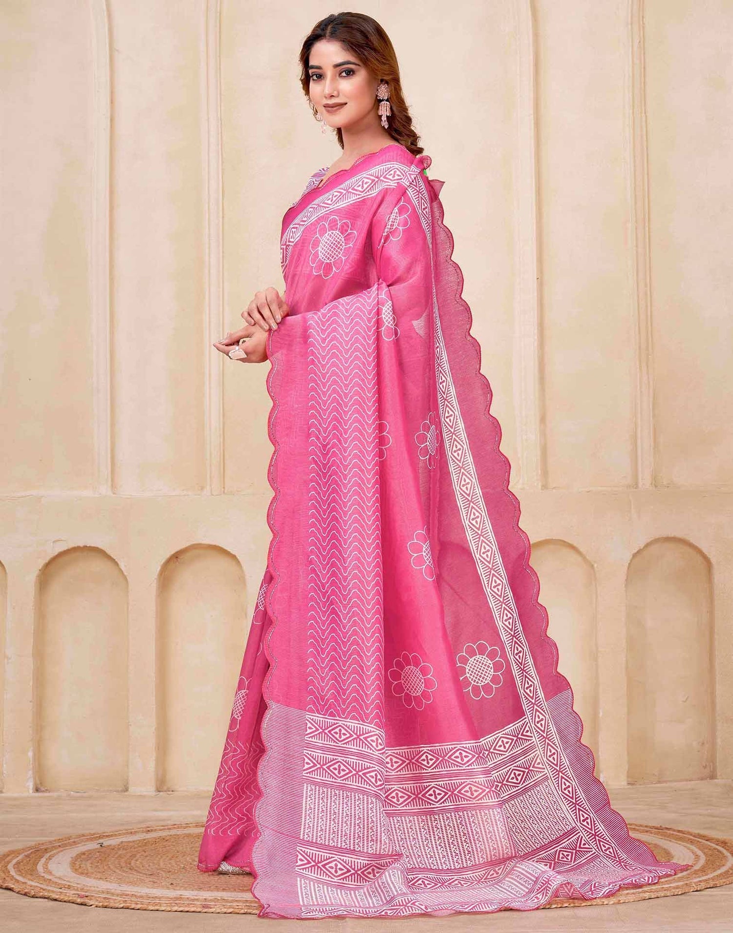Bright Pink Chanderi Printed Saree
