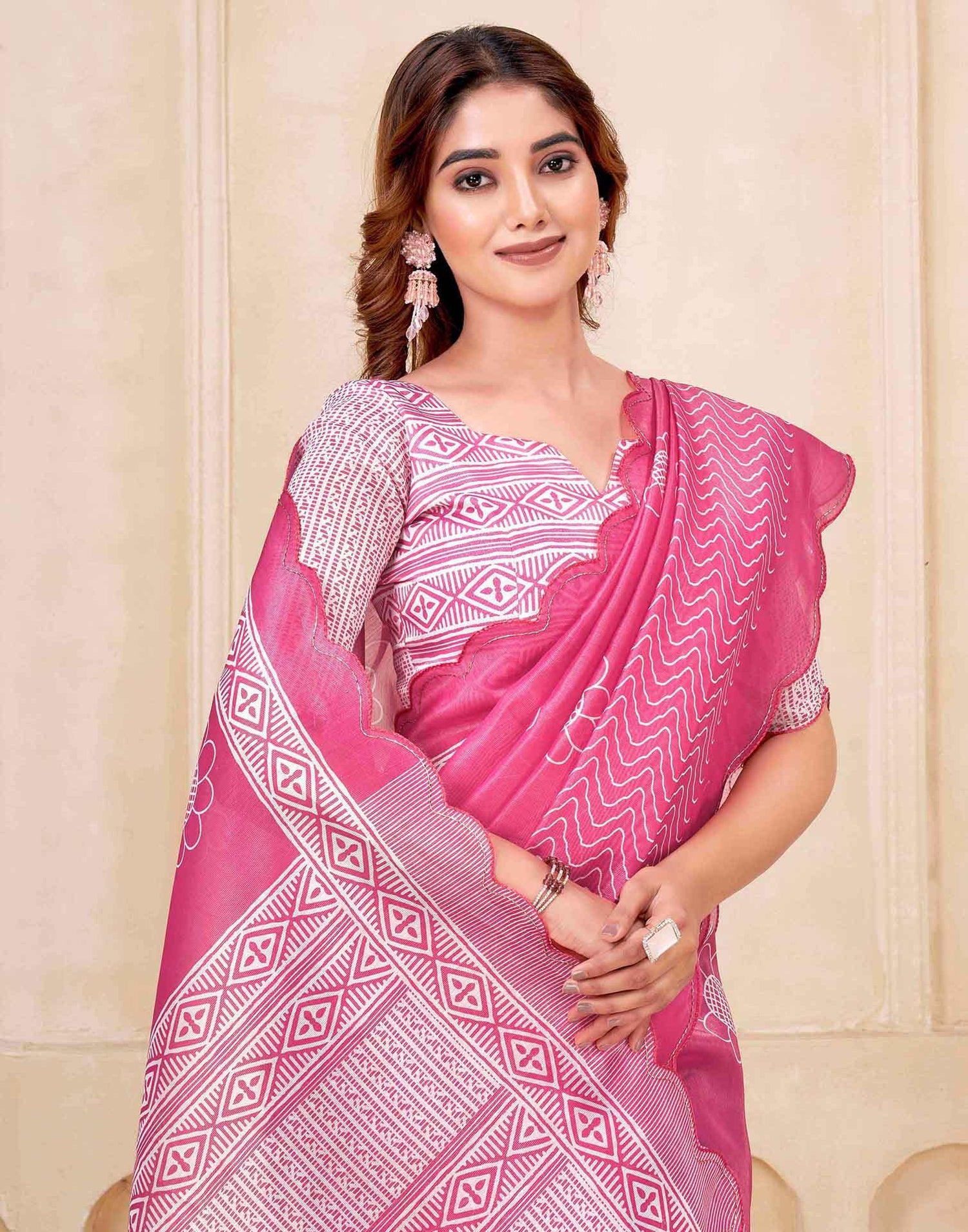 Bright Pink Chanderi Printed Saree