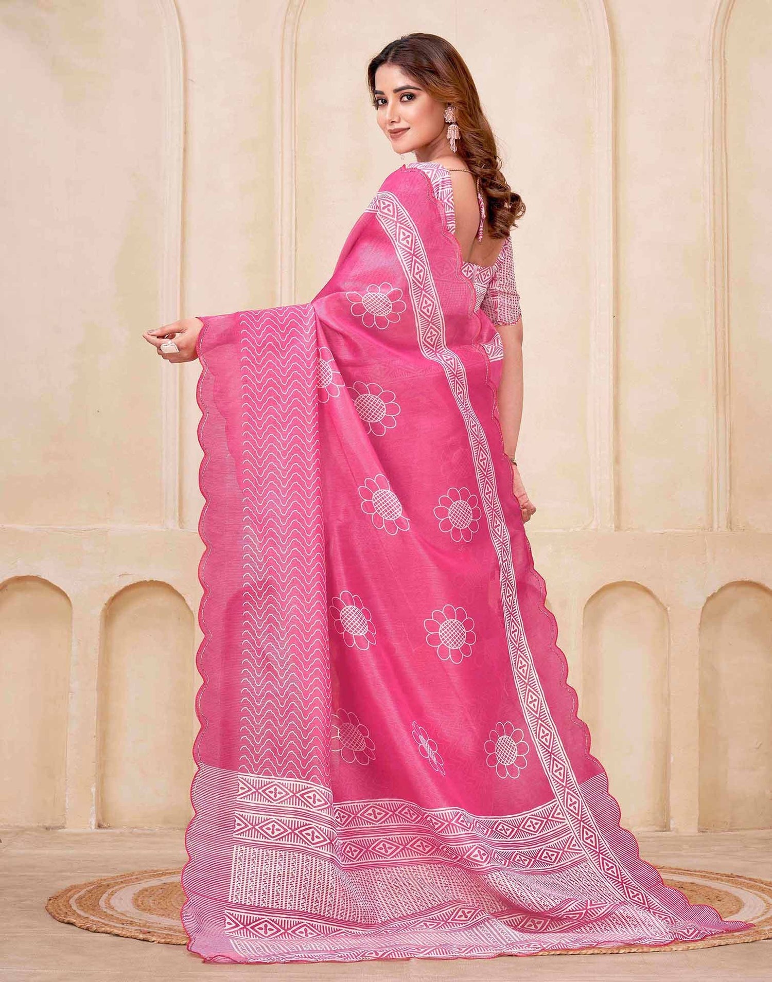Bright Pink Chanderi Printed Saree