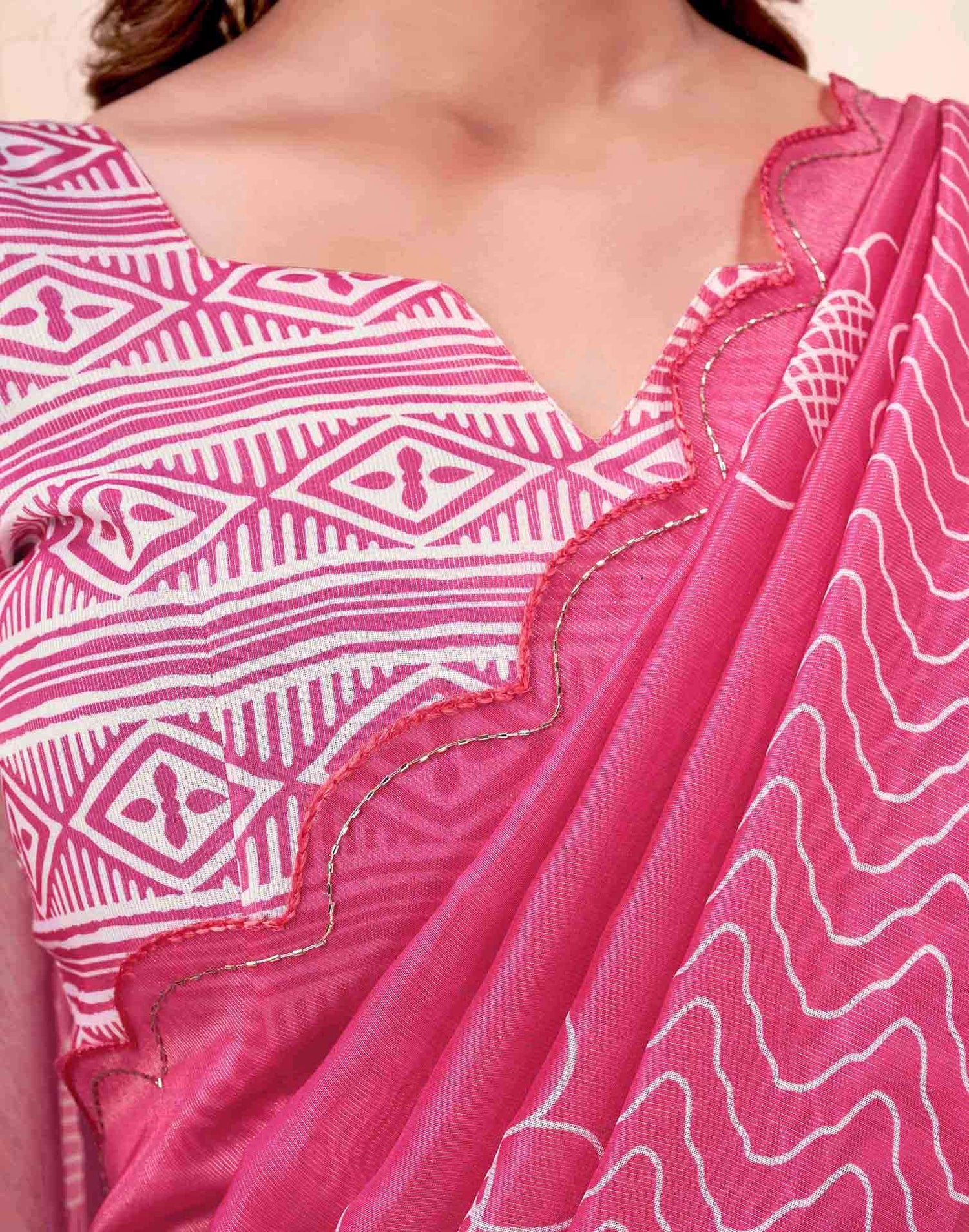 Bright Pink Chanderi Printed Saree