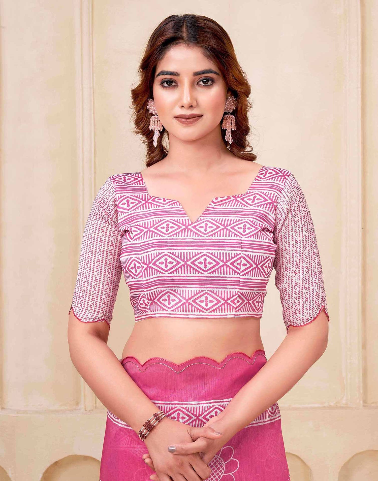 Bright Pink Chanderi Printed Saree