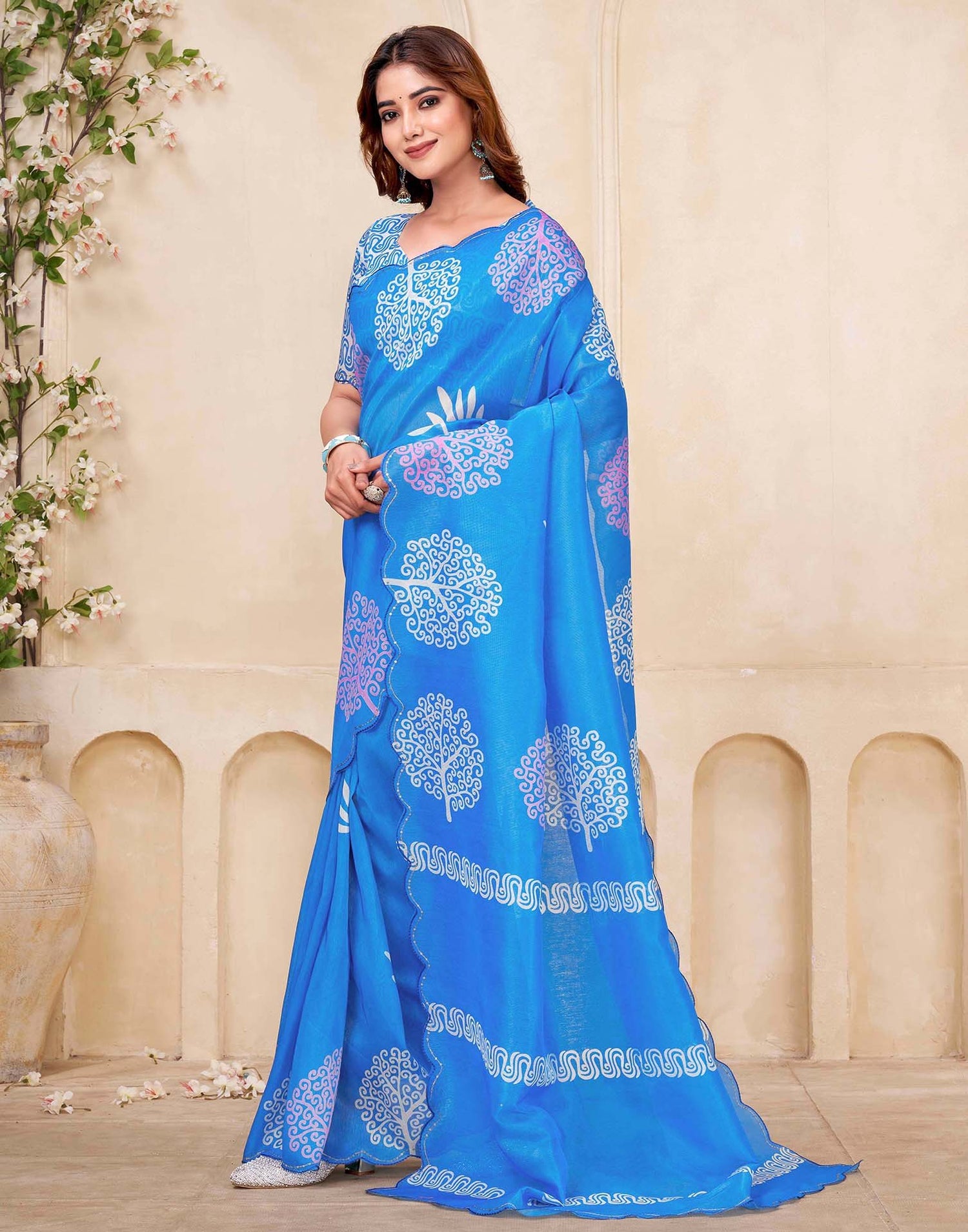 Blue Chanderi Printed Saree