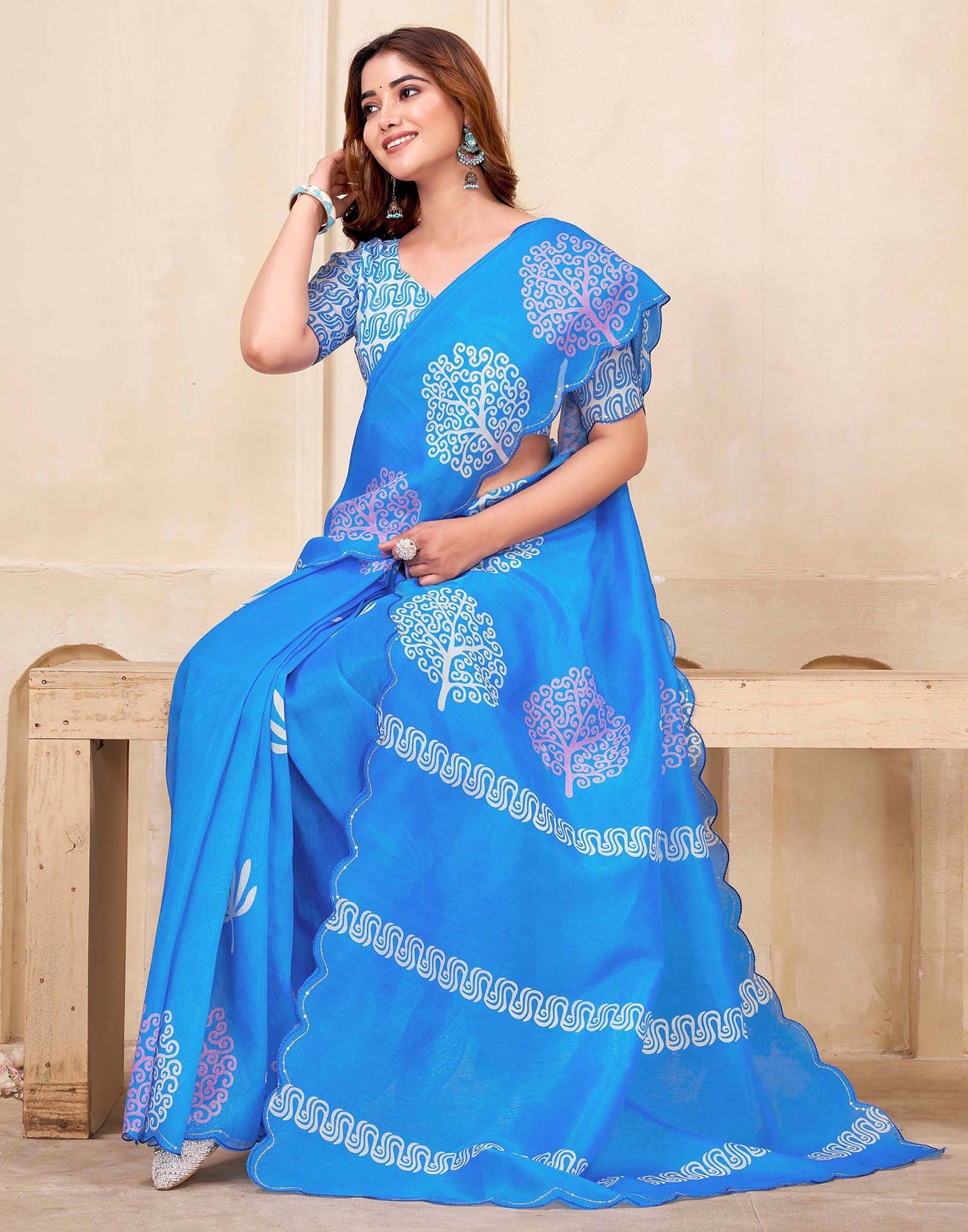 Blue Chanderi Printed Saree