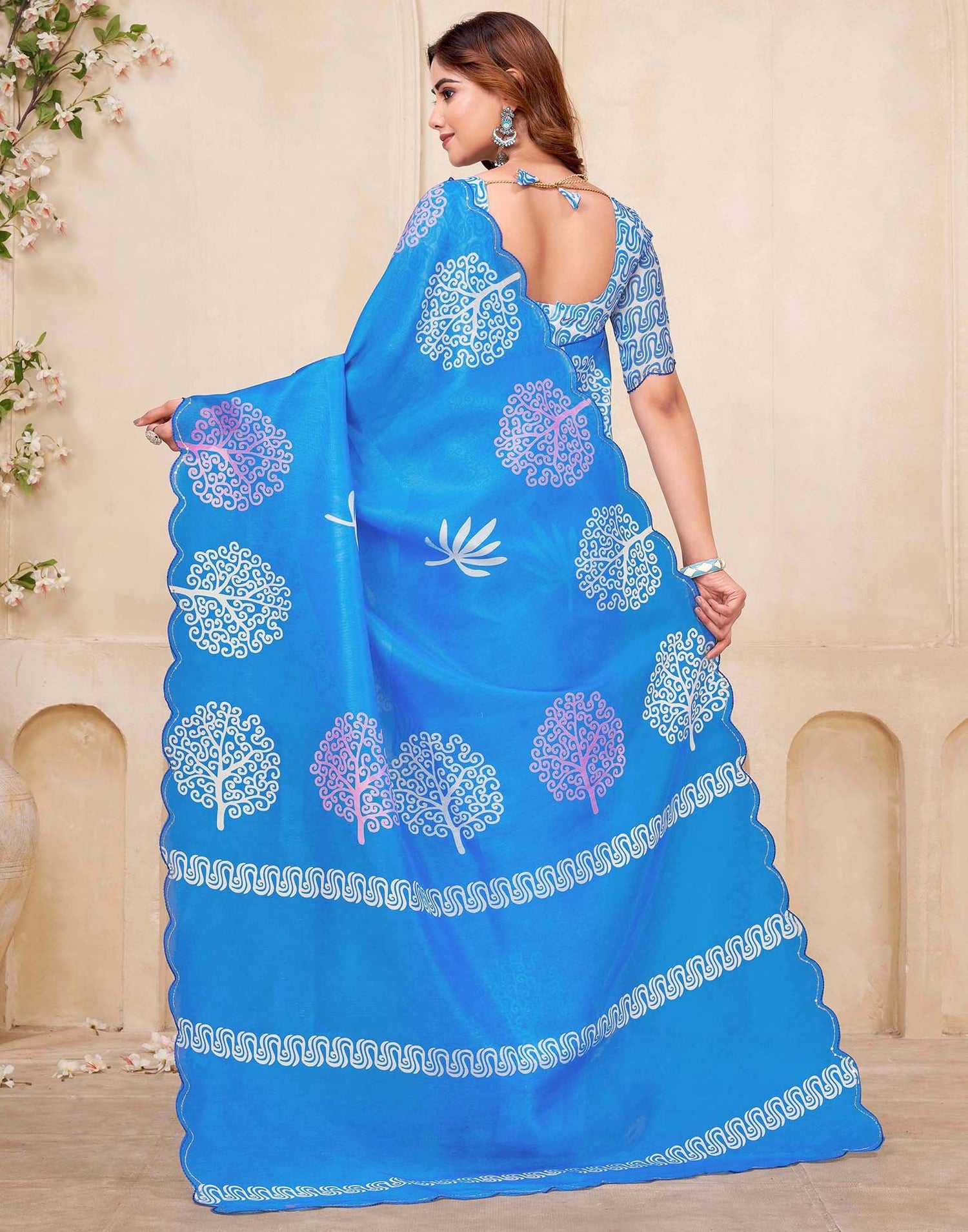 Blue Chanderi Printed Saree