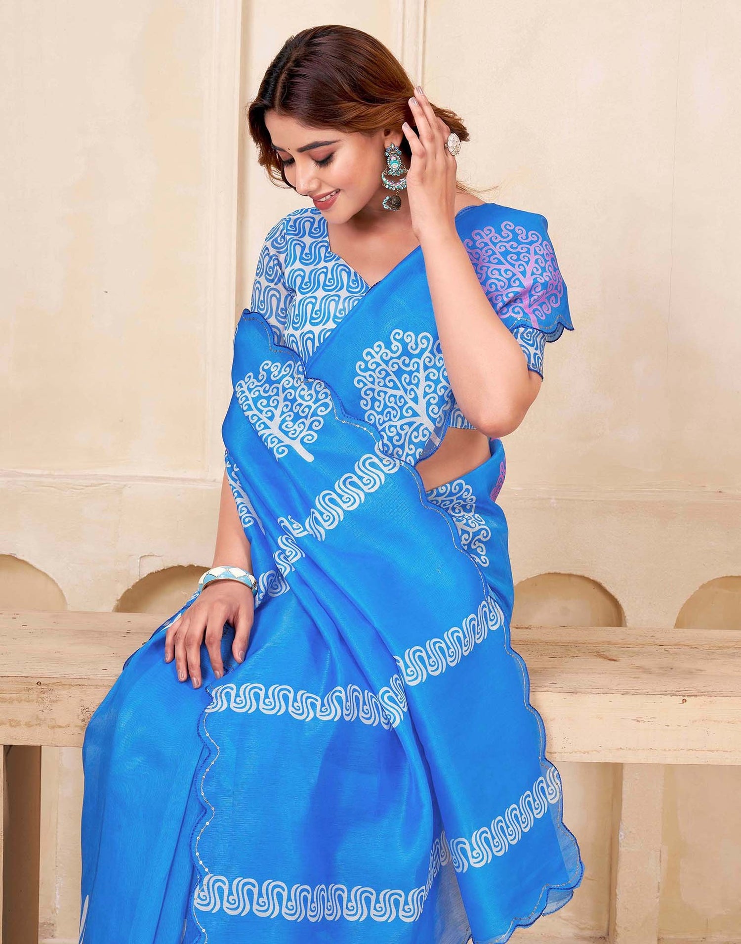 Blue Chanderi Printed Saree