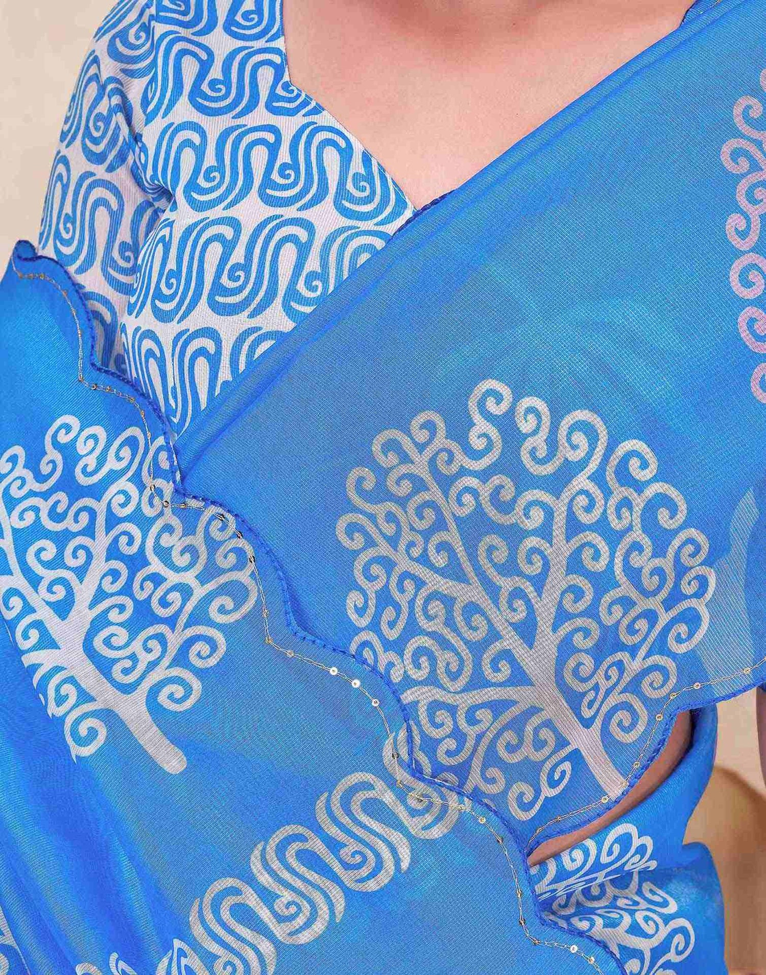 Blue Chanderi Printed Saree