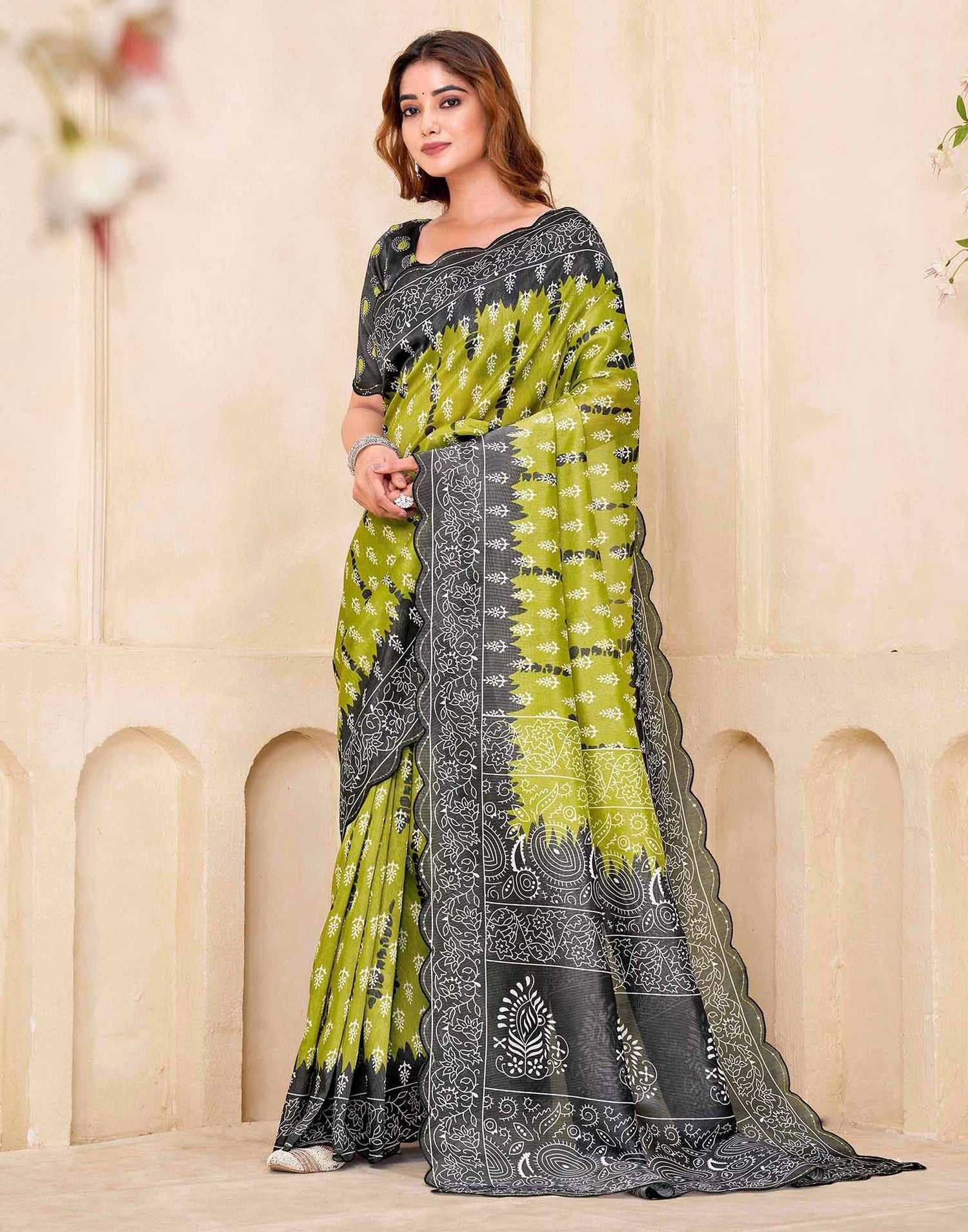 Olive Green Chanderi Printed Saree