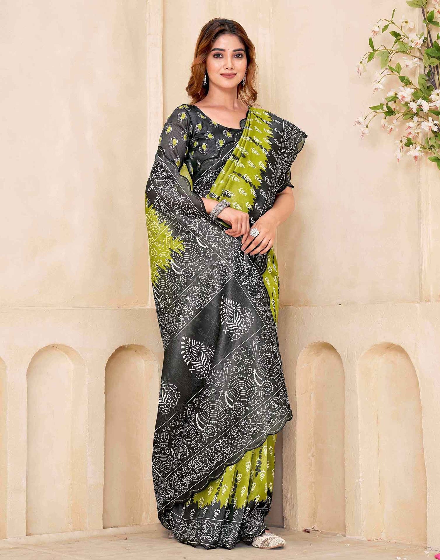 Olive Green Chanderi Printed Saree