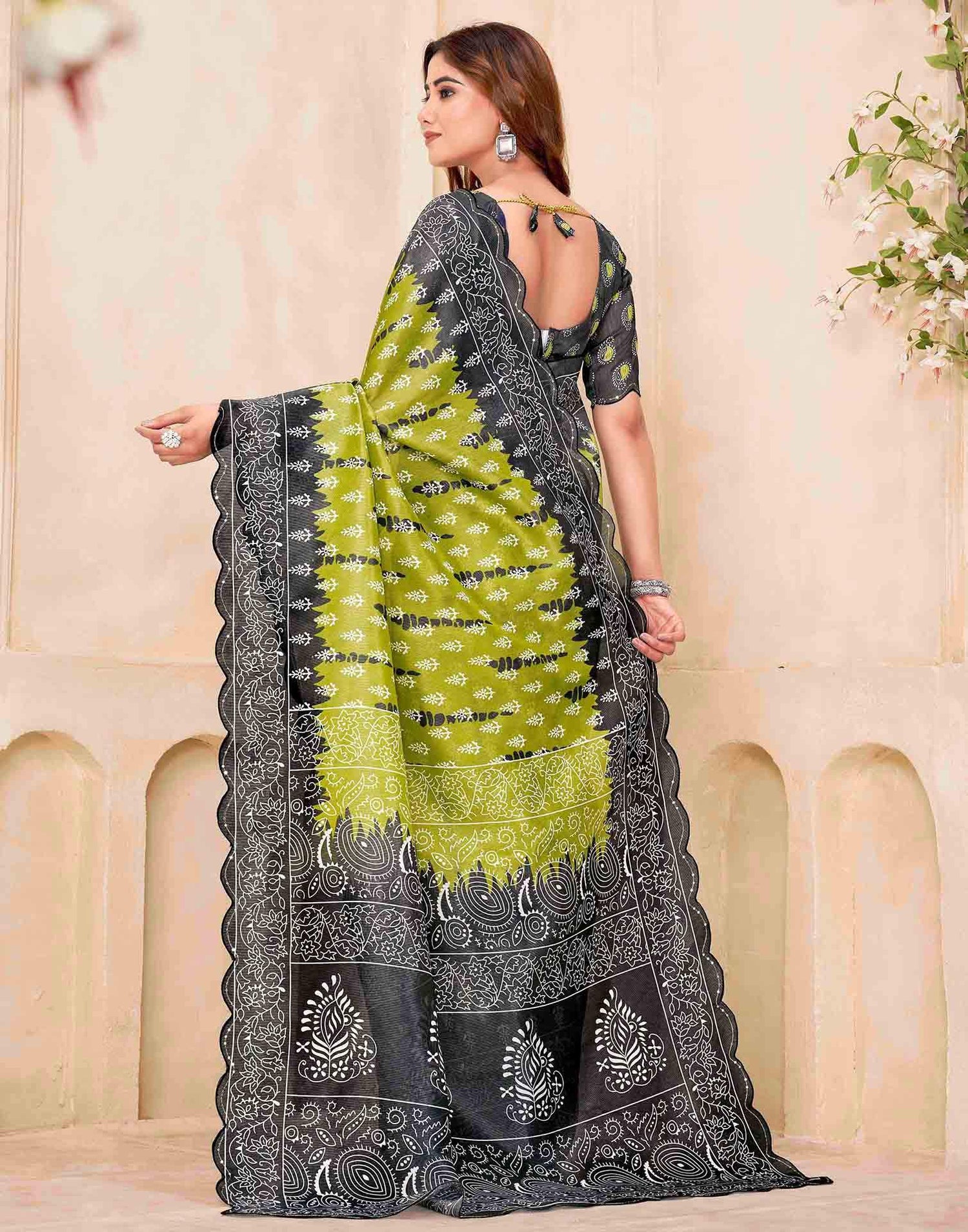 Olive Green Chanderi Printed Saree