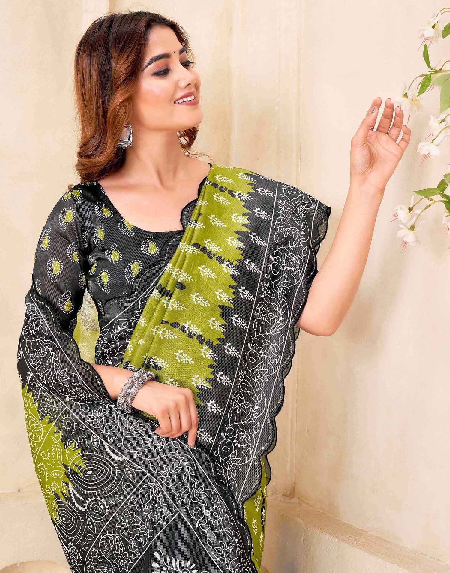 Olive Green Chanderi Printed Saree