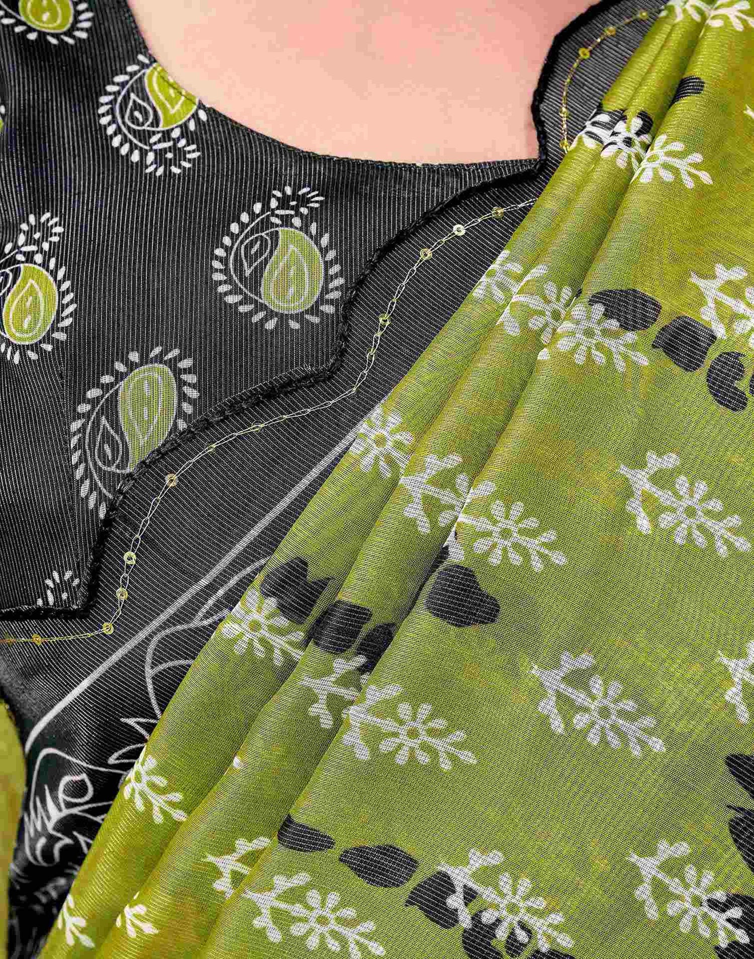 Olive Green Chanderi Printed Saree