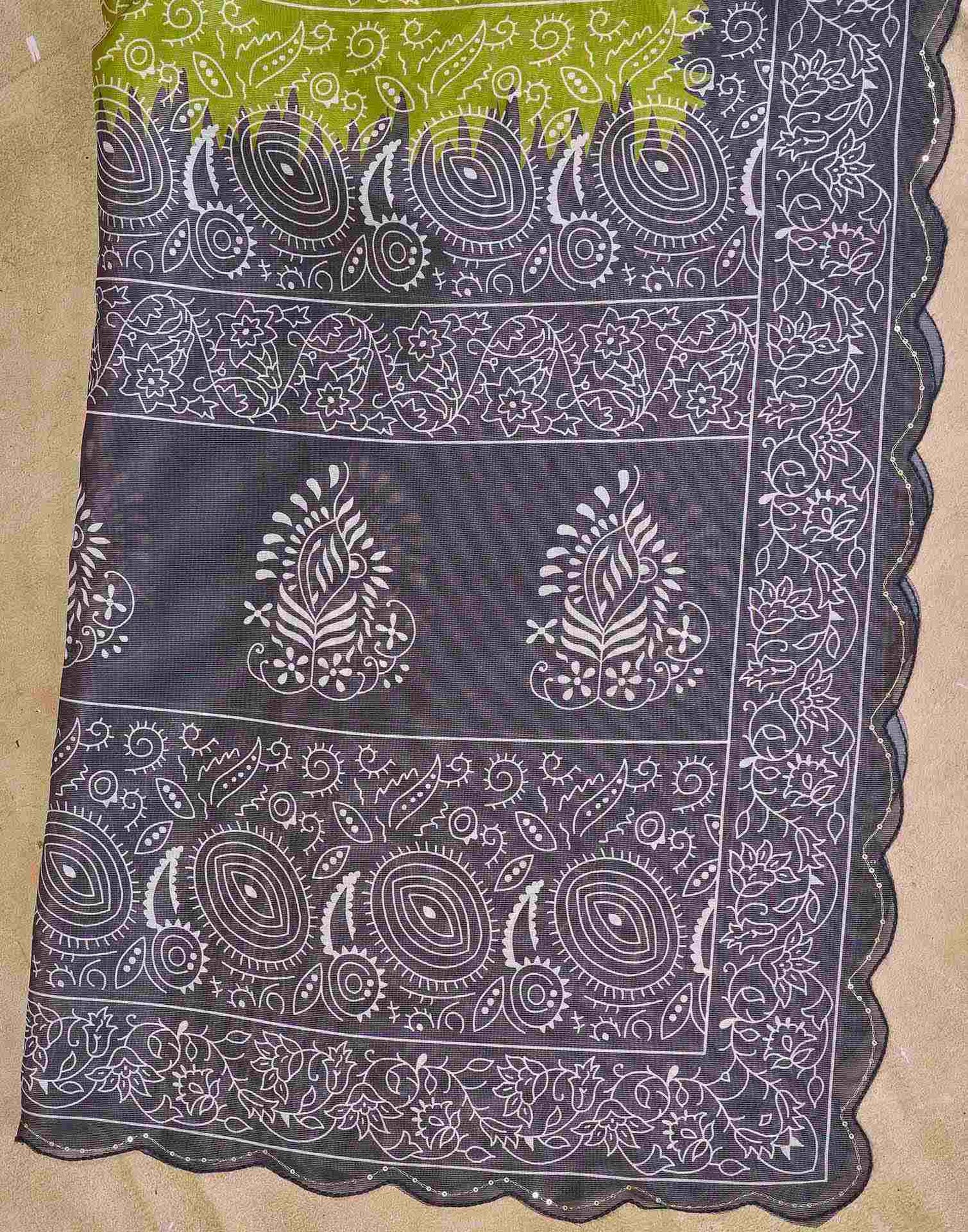 Olive Green Chanderi Printed Saree