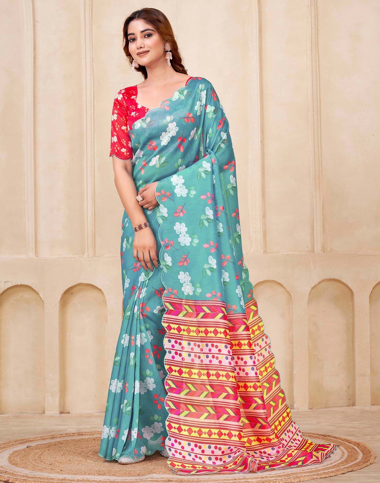 Teal Blue Chanderi Floral Printed Saree