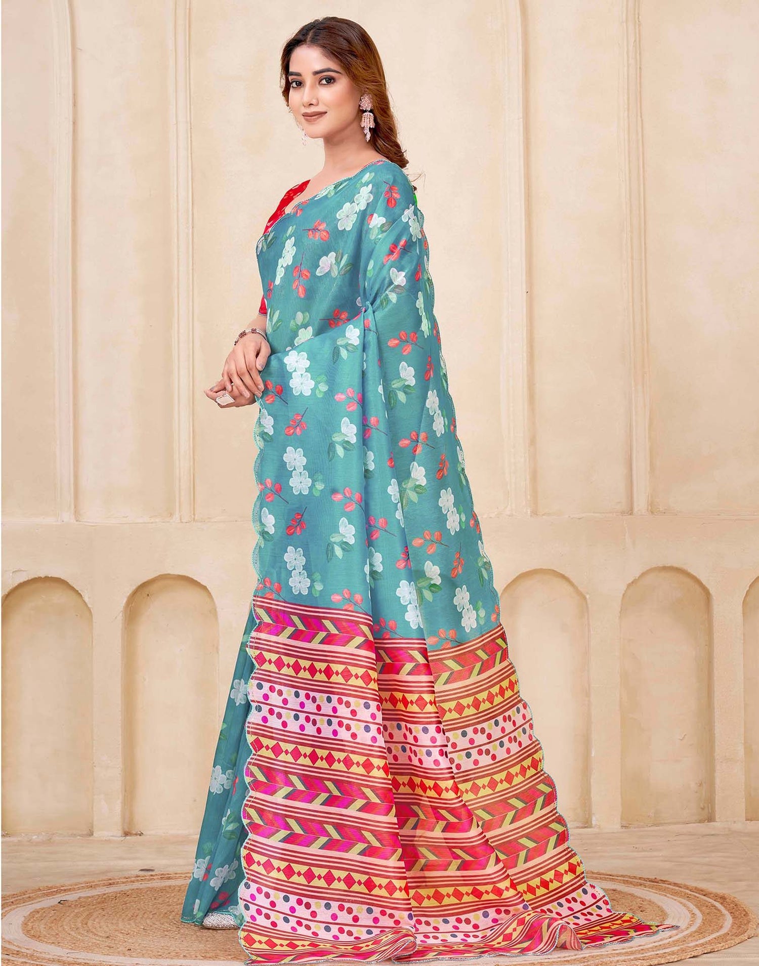 Teal Blue Chanderi Floral Printed Saree