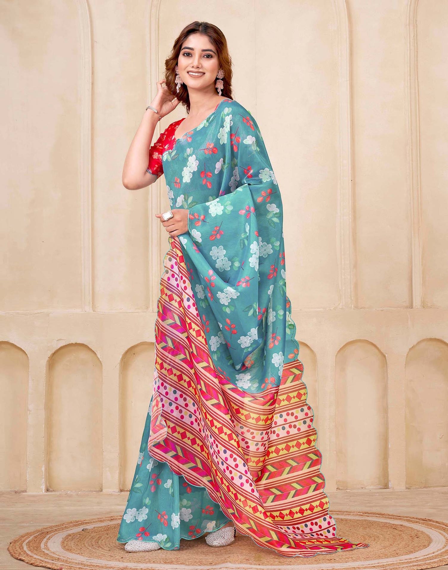 Teal Blue Chanderi Floral Printed Saree