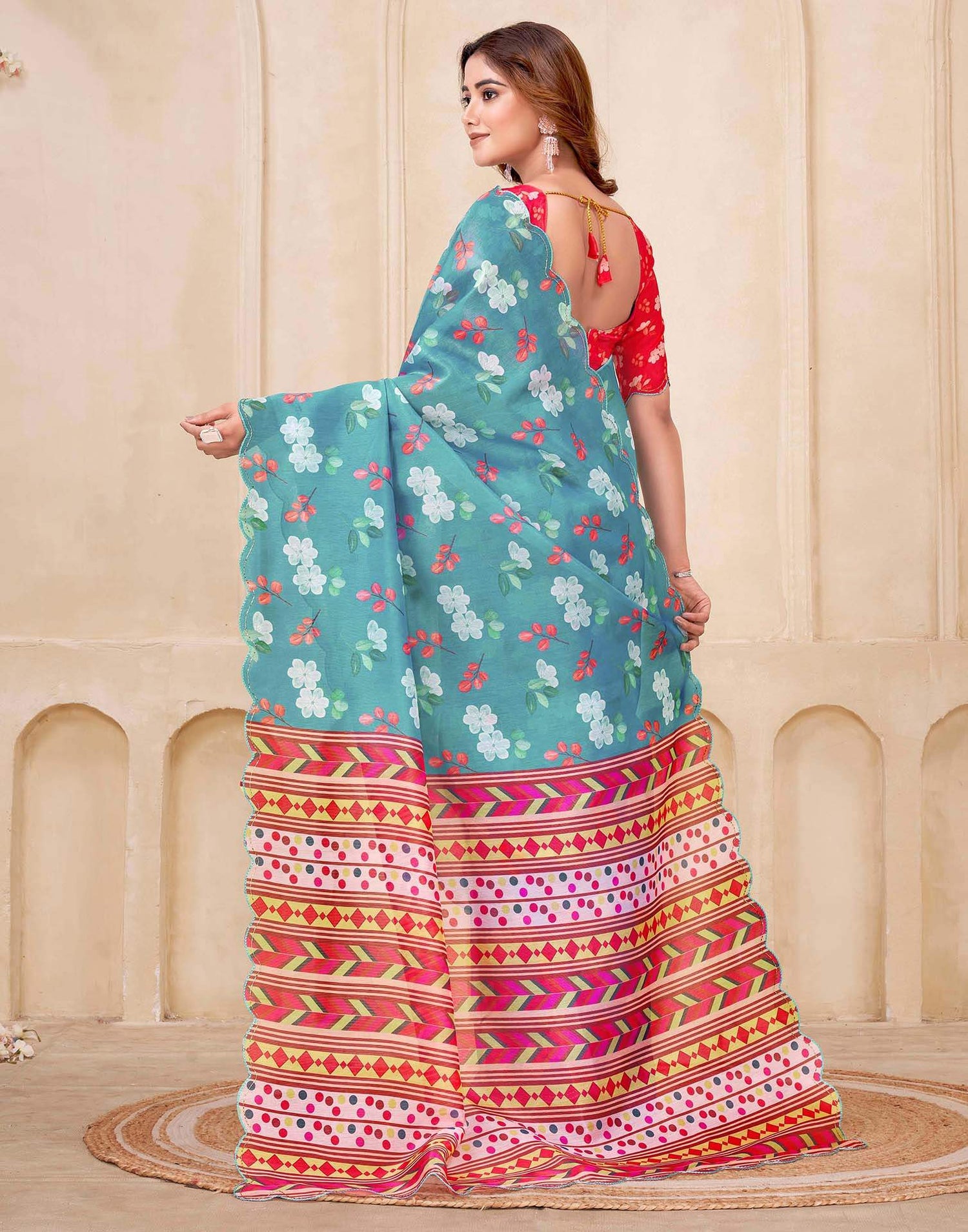 Teal Blue Chanderi Floral Printed Saree