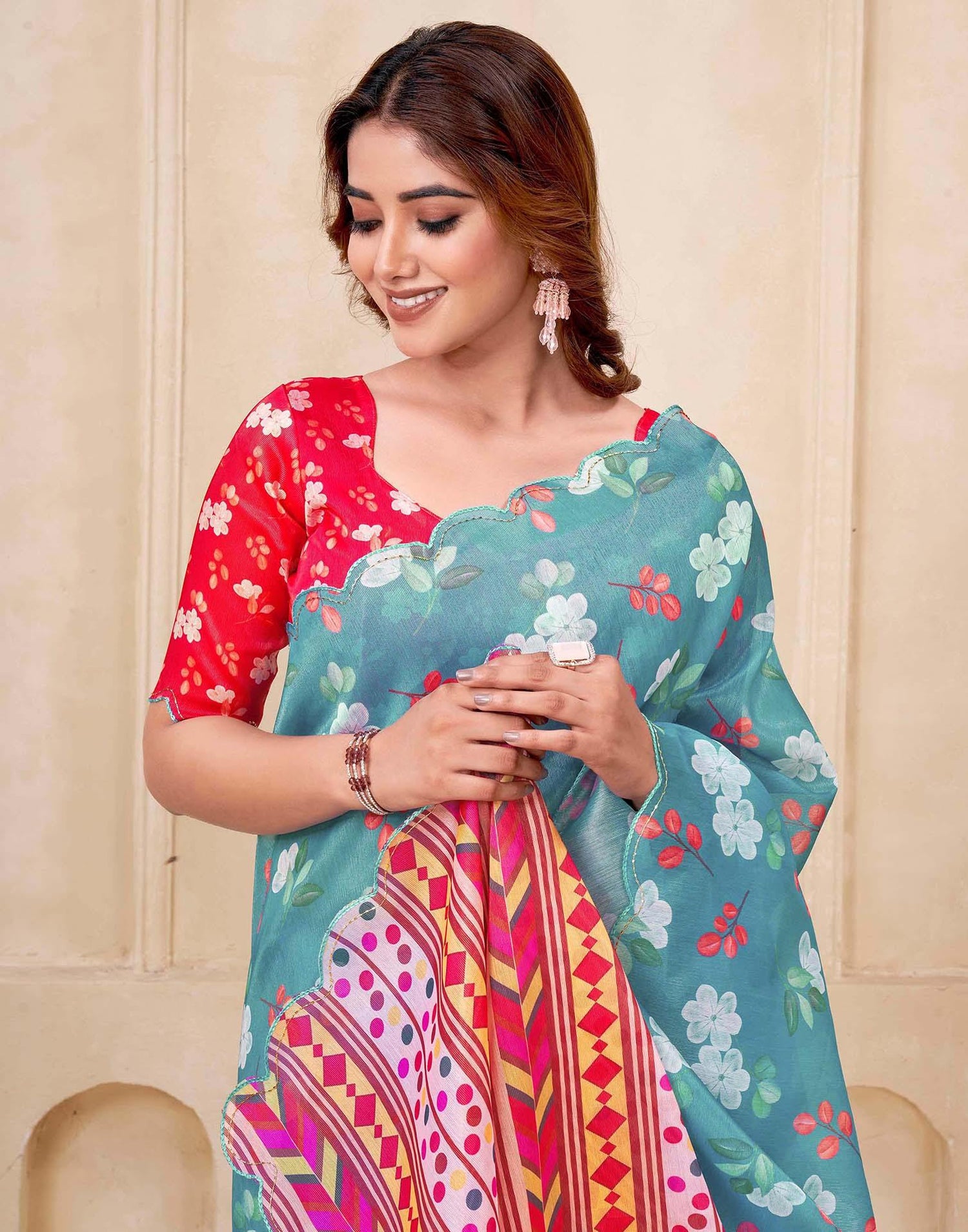 Teal Blue Chanderi Floral Printed Saree