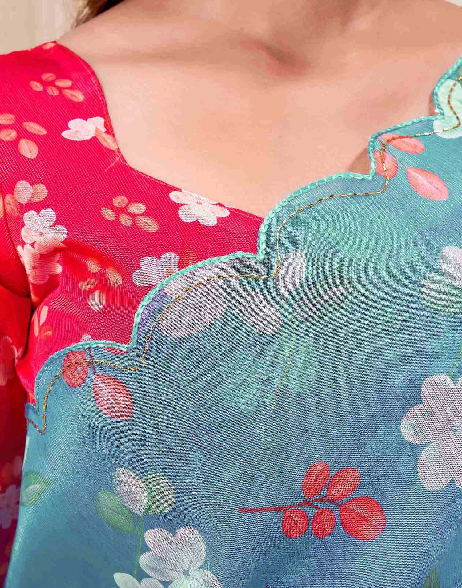 Teal Blue Chanderi Floral Printed Saree