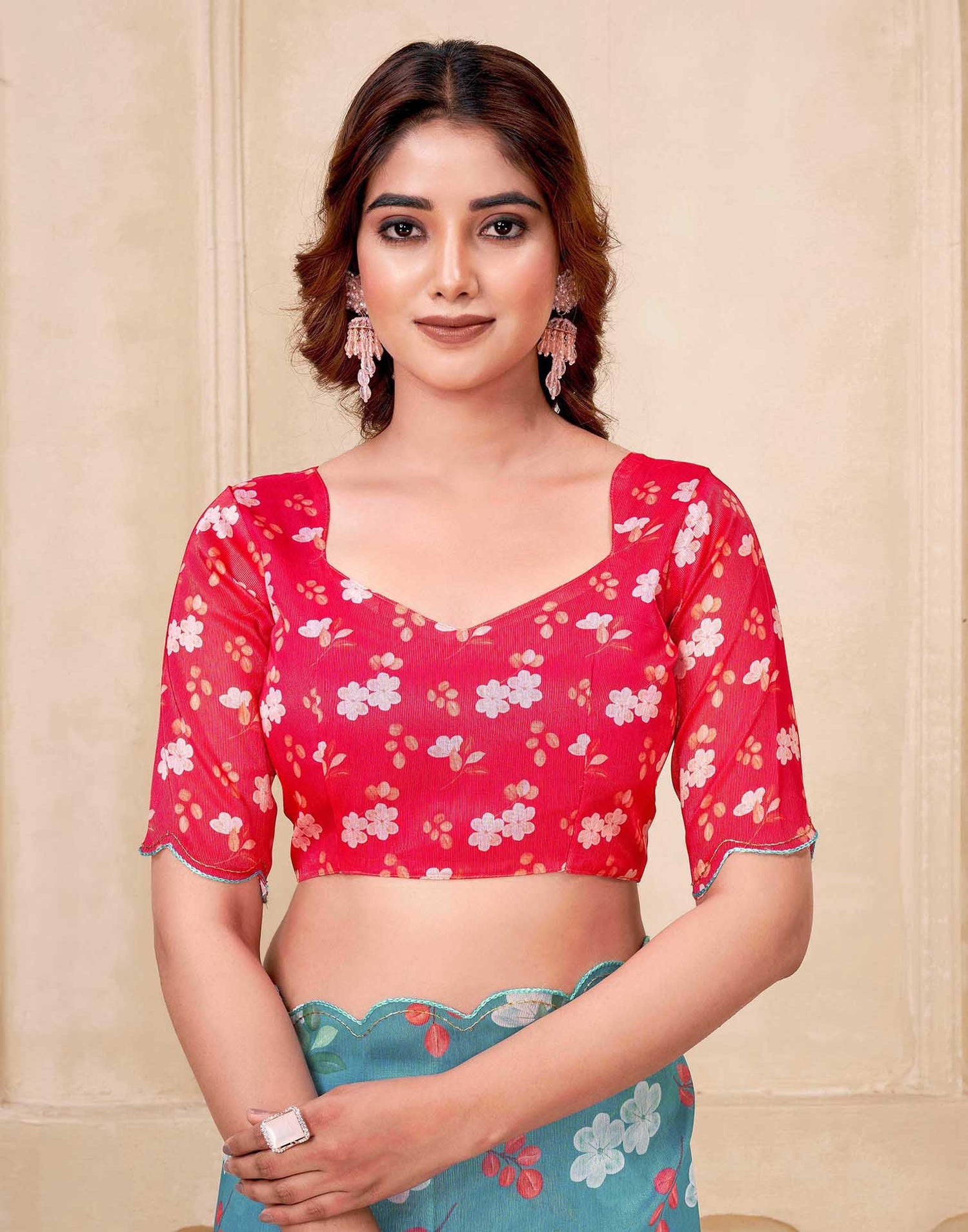 Teal Blue Chanderi Floral Printed Saree